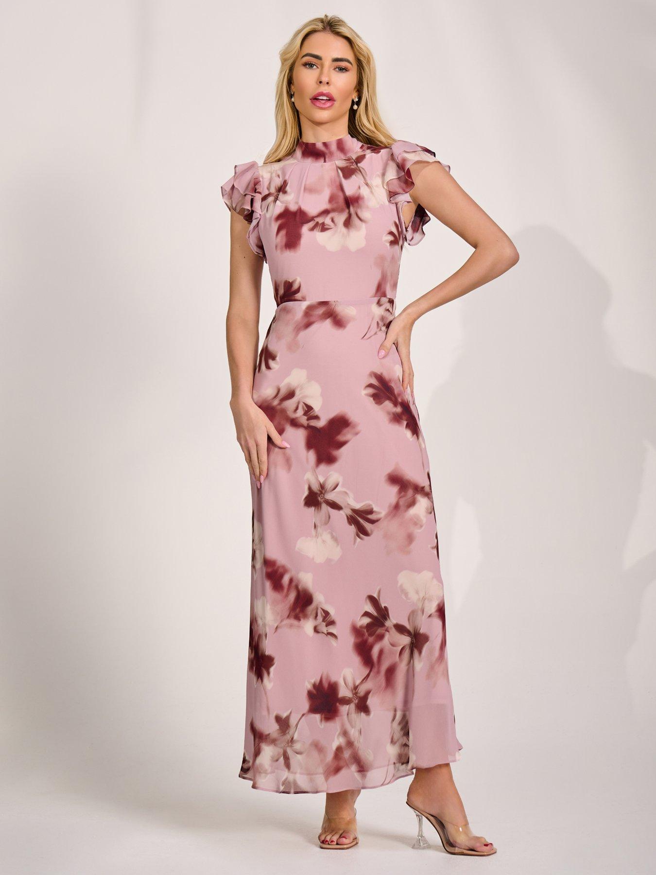 Image 7 of 7 of Jolie Moi High Neck Ruffle Sleeve Chiffon Maxi Dress - Pink