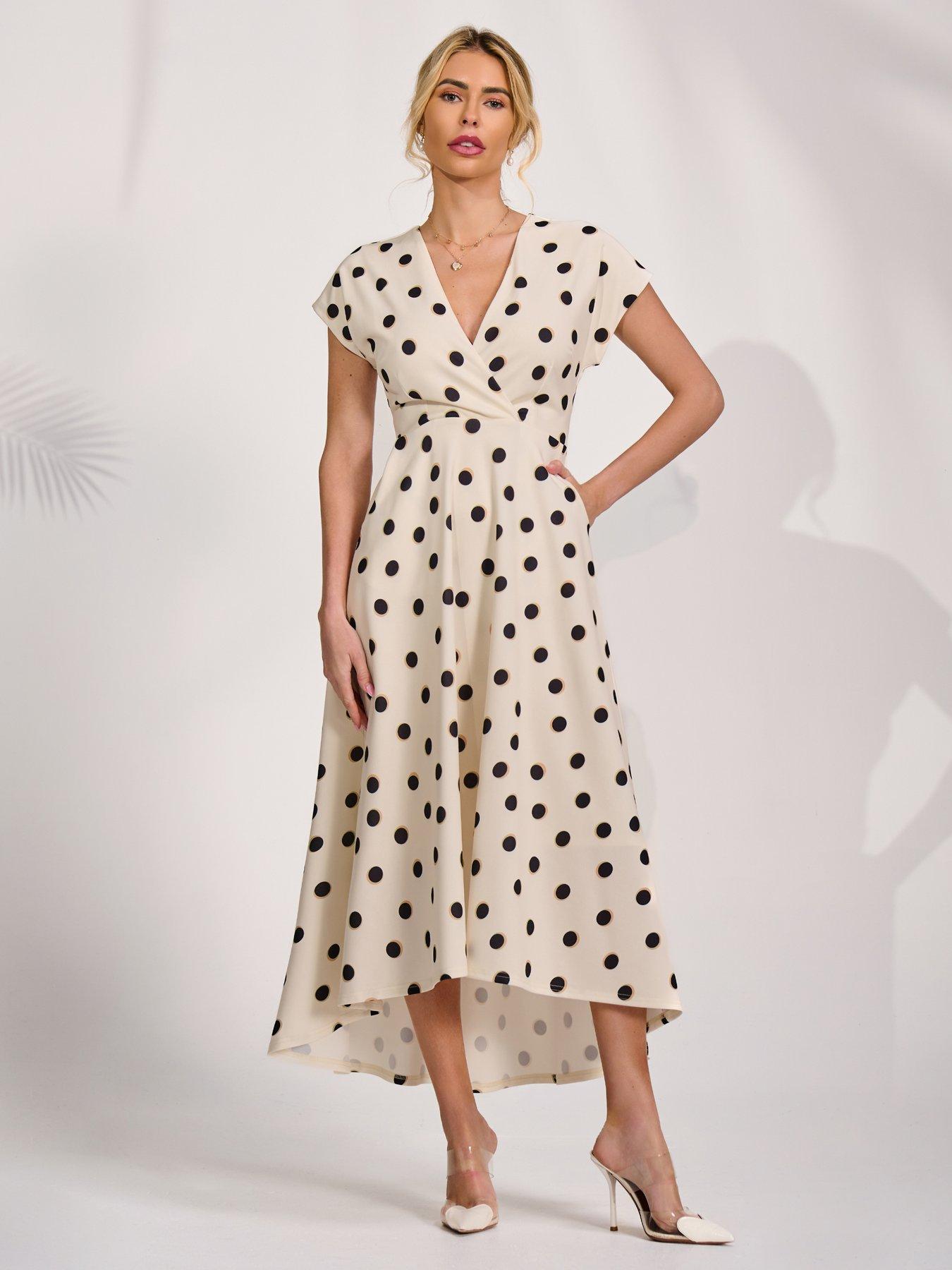 Jolie Moi Printed Scuba Dipped Hem Maxi Dress - Cream Spot