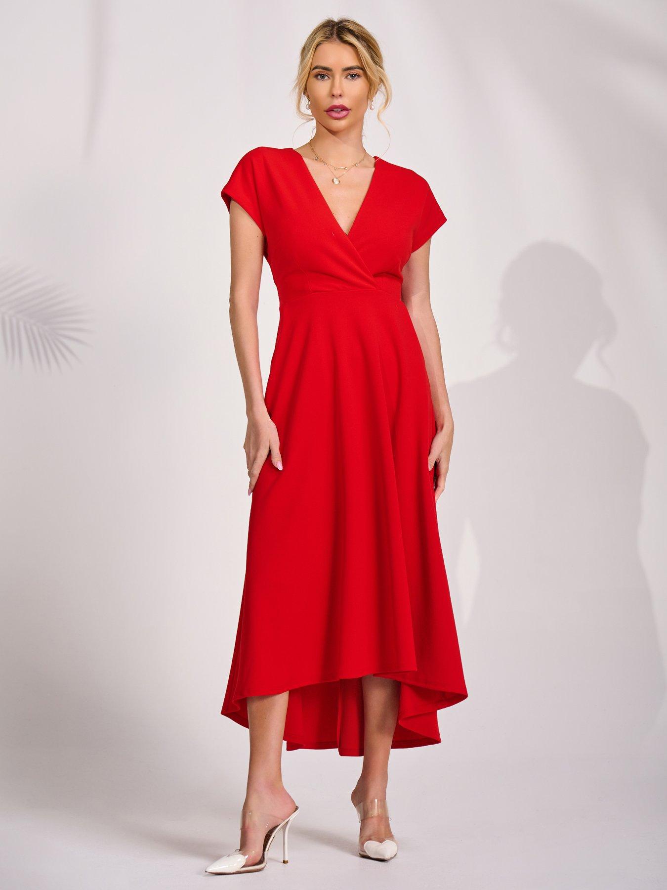Jolie Moi Scuba Dipped Hem Maxi Dress - Red