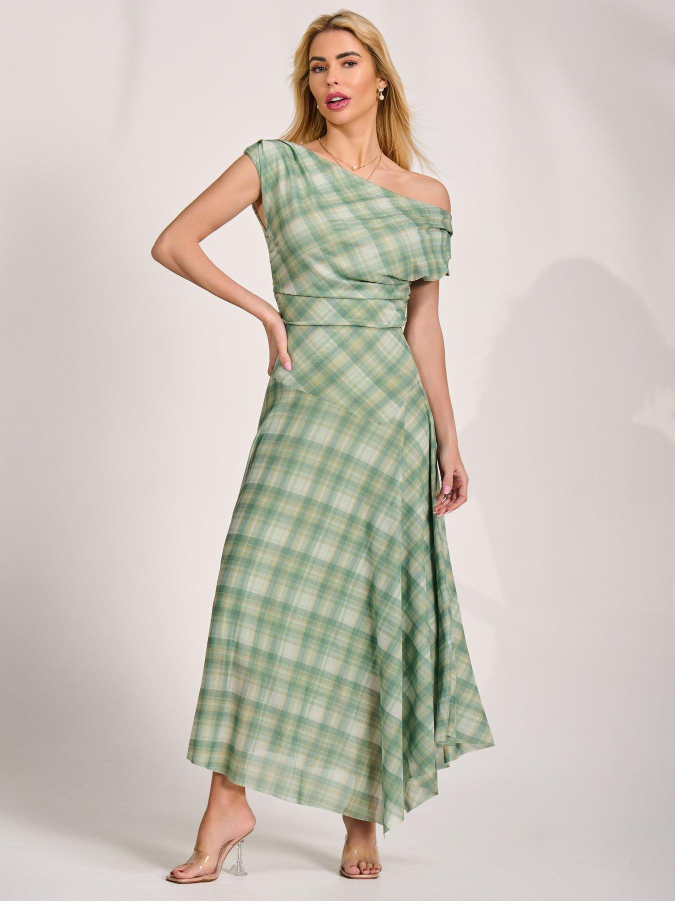 Jolie Moi Asymmetric Draped Mesh Maxi Dress - Green