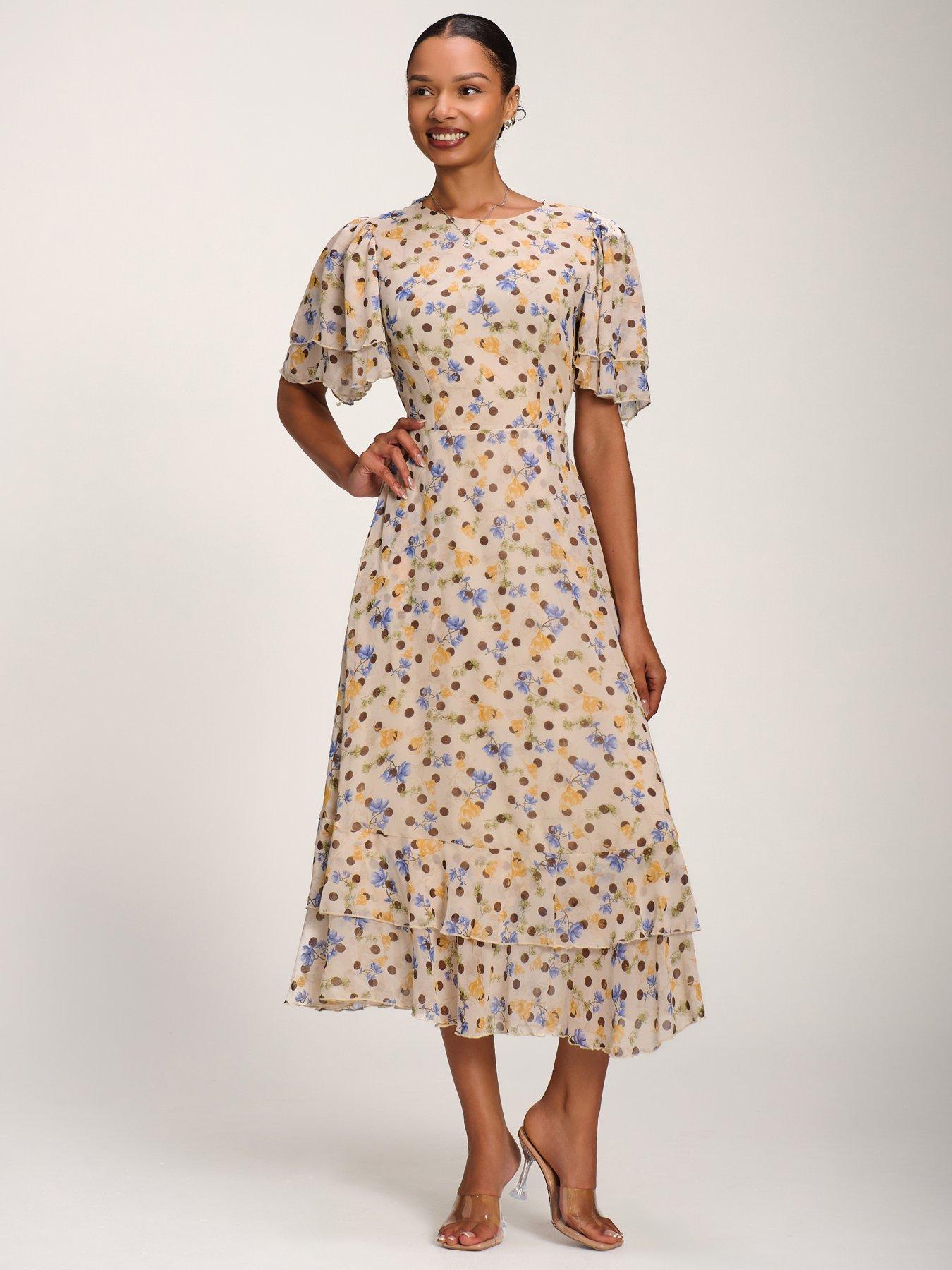 Jolie Moi Frill Detail Chiffon Midaxi Dress - Beige