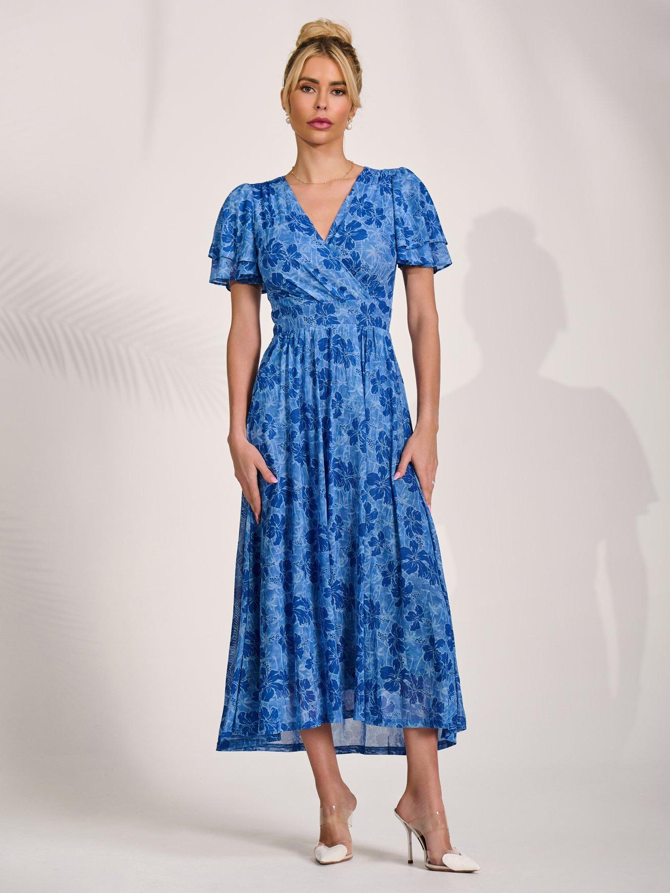 Jolie Moi Flutter Sleeve Mesh Midi Dress - Blue Abstract