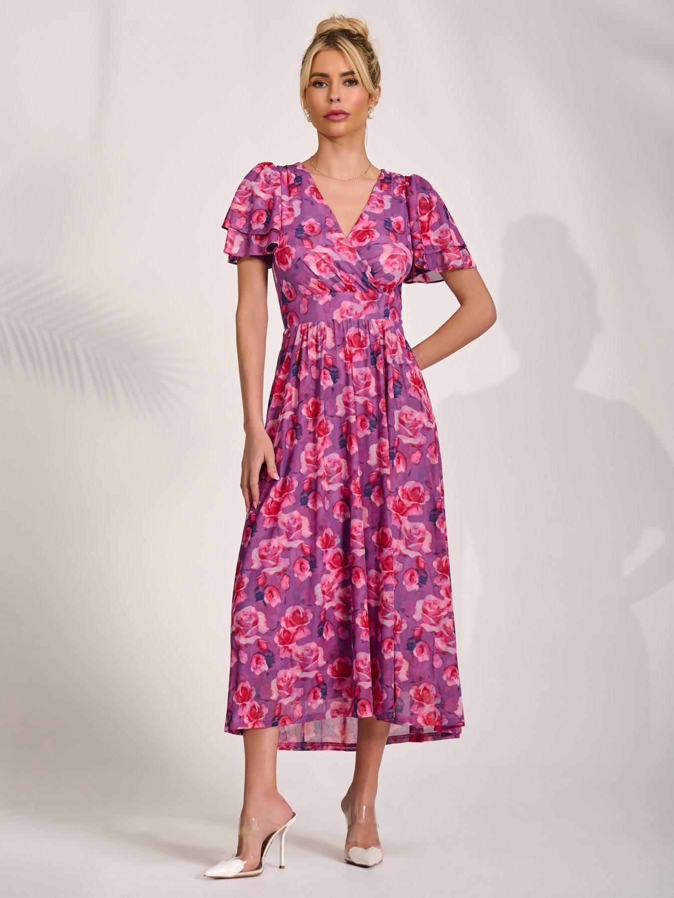 Jolie Moi Flutter Sleeve Mesh Midi Dress - Purple