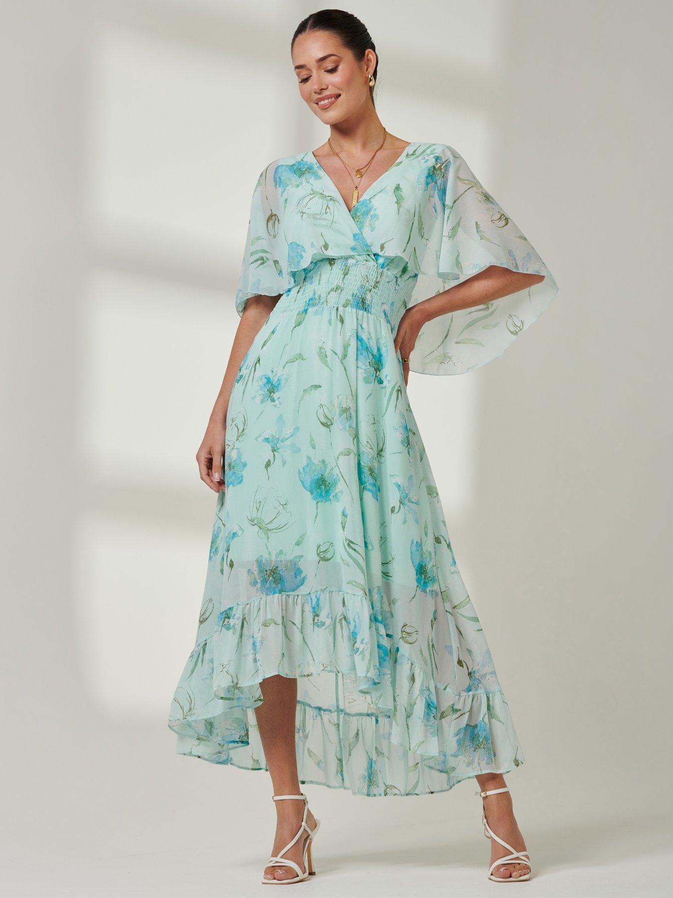 Jolie Moi Frill V Neck Chiffon Midaxi Dress - Green Floral