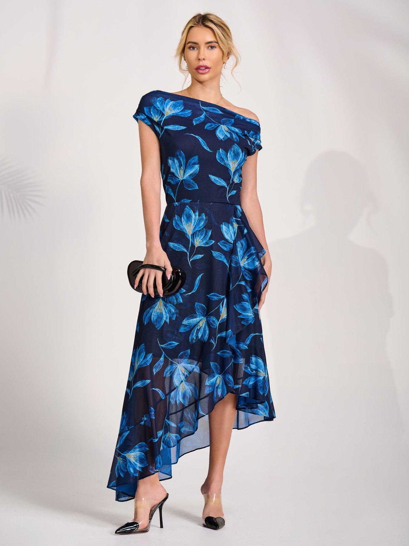 Image 1 of 7 of Jolie Moi Asymmetrical Draped Mesh Midaxi Dress - Blue