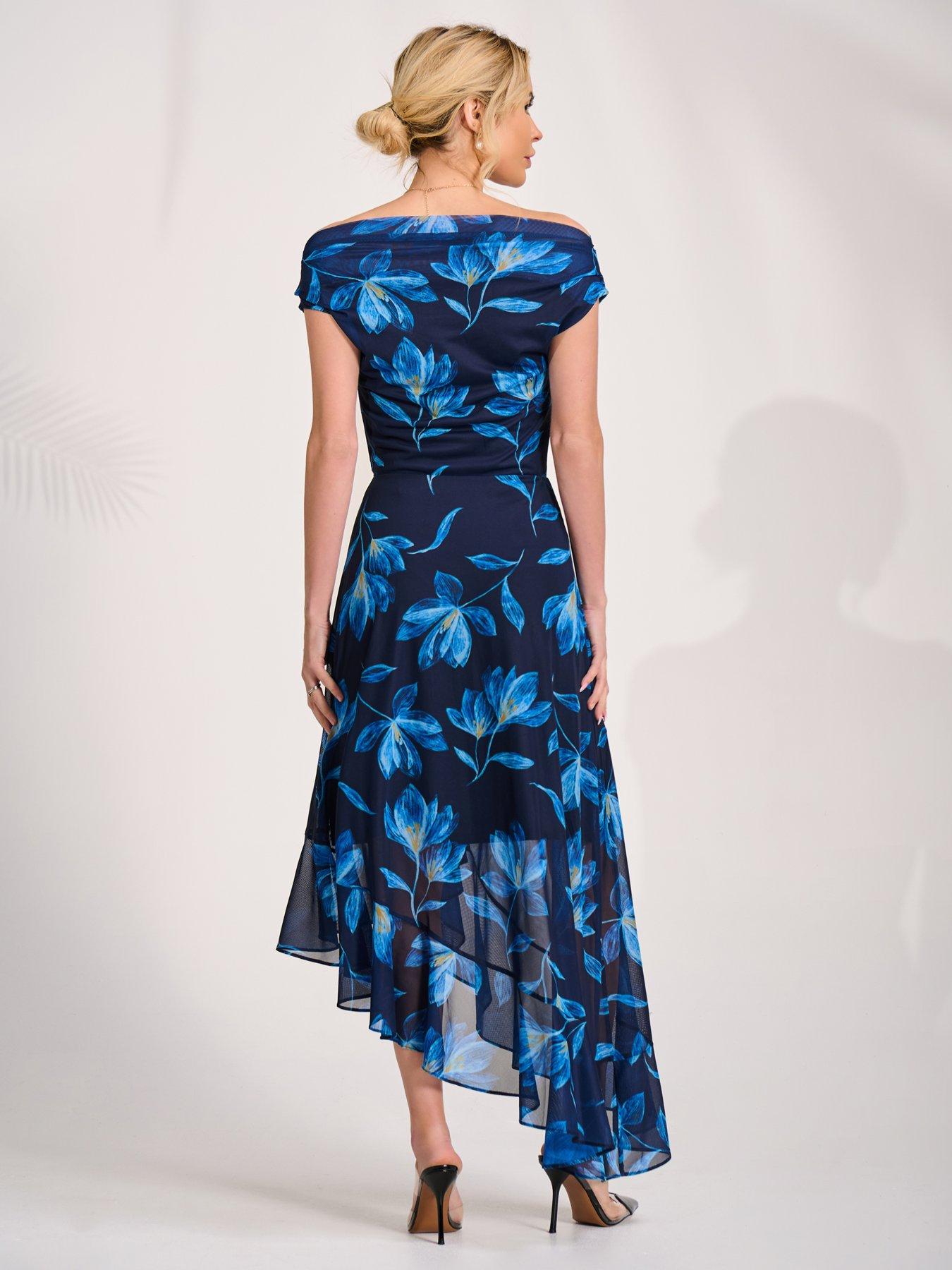 Image 2 of 7 of Jolie Moi Asymmetrical Draped Mesh Midaxi Dress - Blue