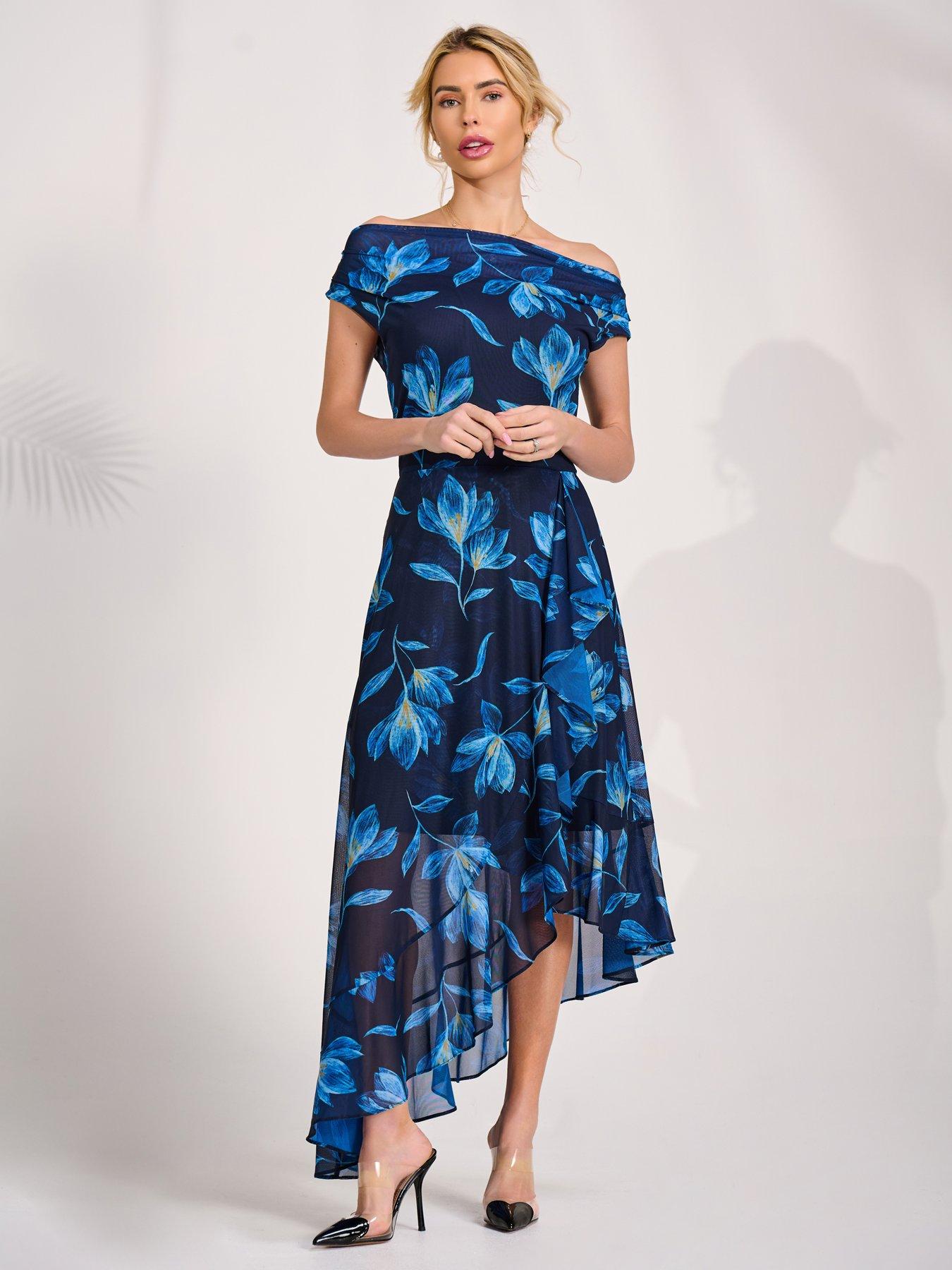 Image 3 of 7 of Jolie Moi Asymmetrical Draped Mesh Midaxi Dress - Blue