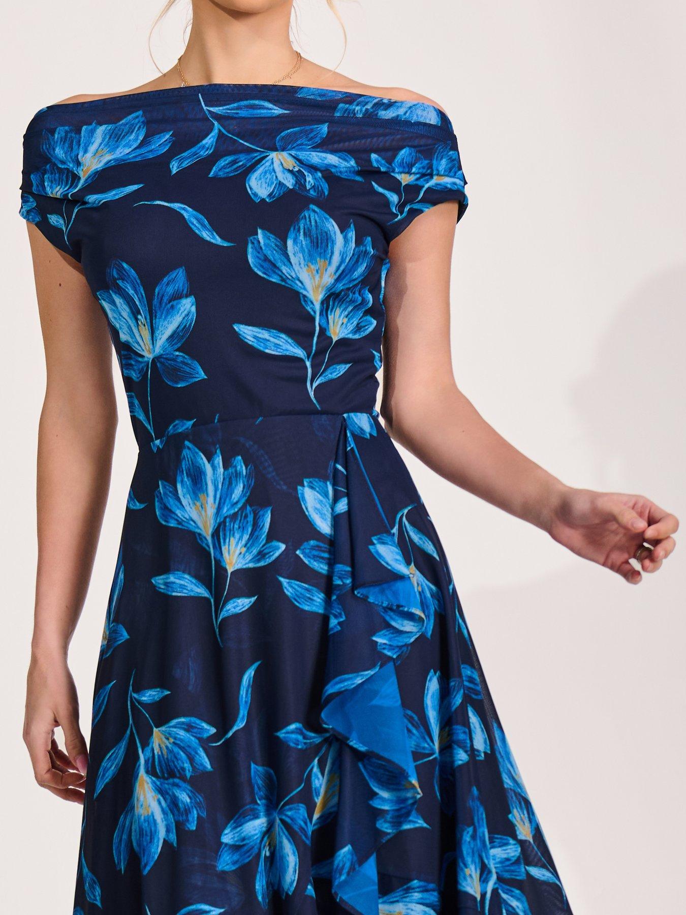 Image 4 of 7 of Jolie Moi Asymmetrical Draped Mesh Midaxi Dress - Blue