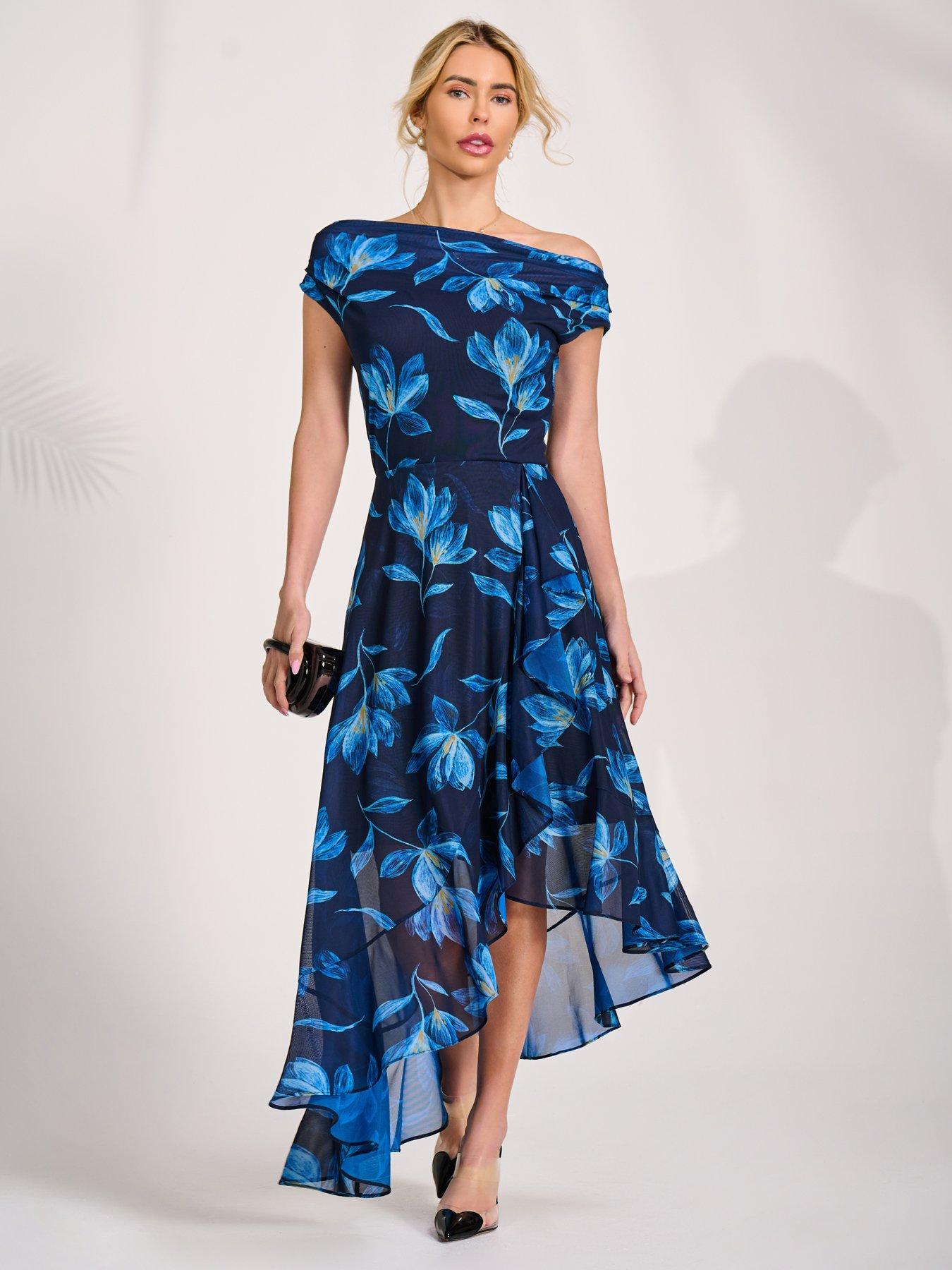 Image 5 of 7 of Jolie Moi Asymmetrical Draped Mesh Midaxi Dress - Blue