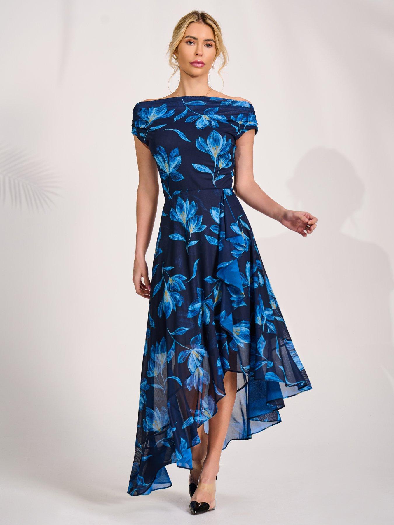 Image 6 of 7 of Jolie Moi Asymmetrical Draped Mesh Midaxi Dress - Blue
