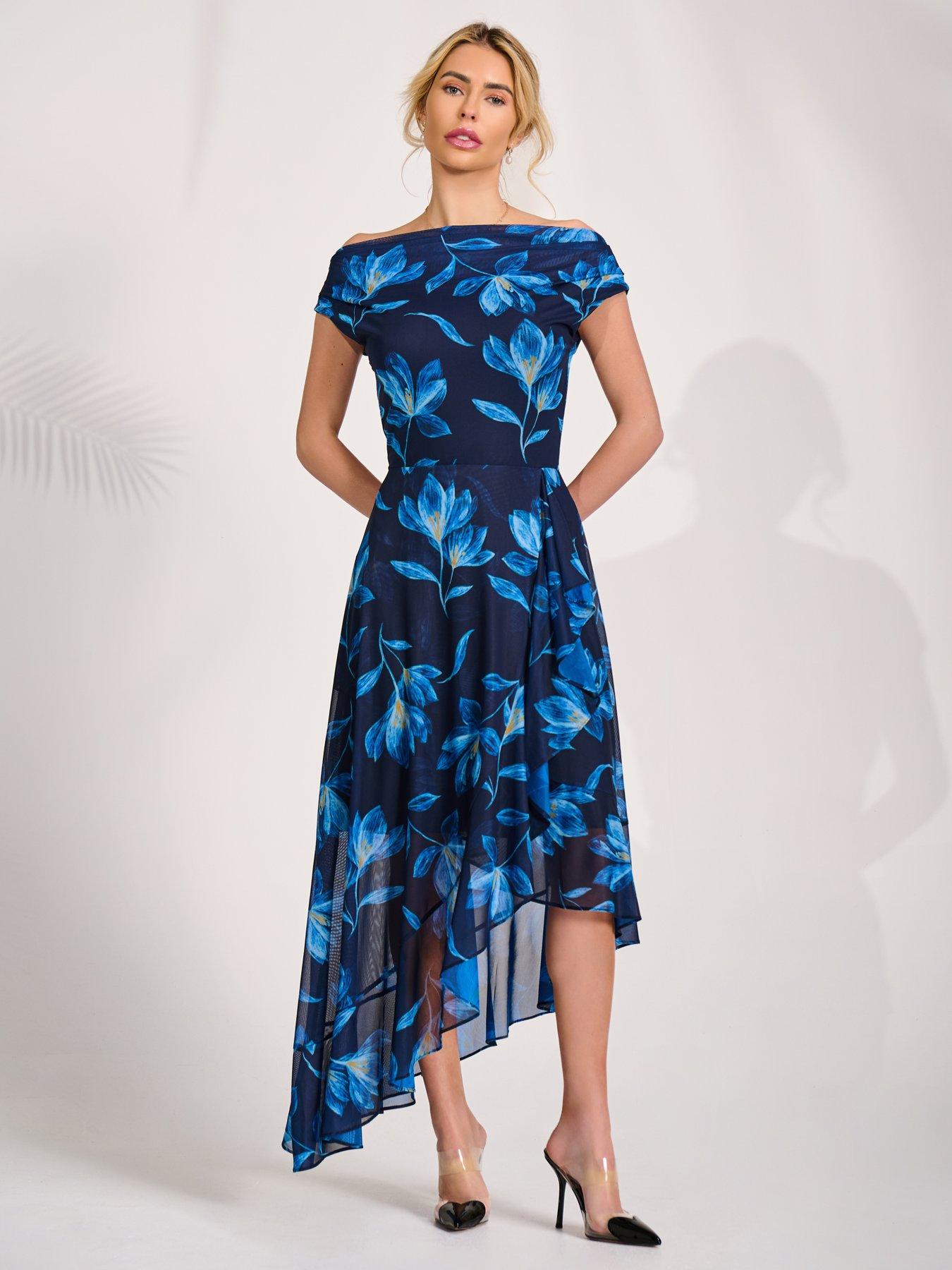 Image 7 of 7 of Jolie Moi Asymmetrical Draped Mesh Midaxi Dress - Blue