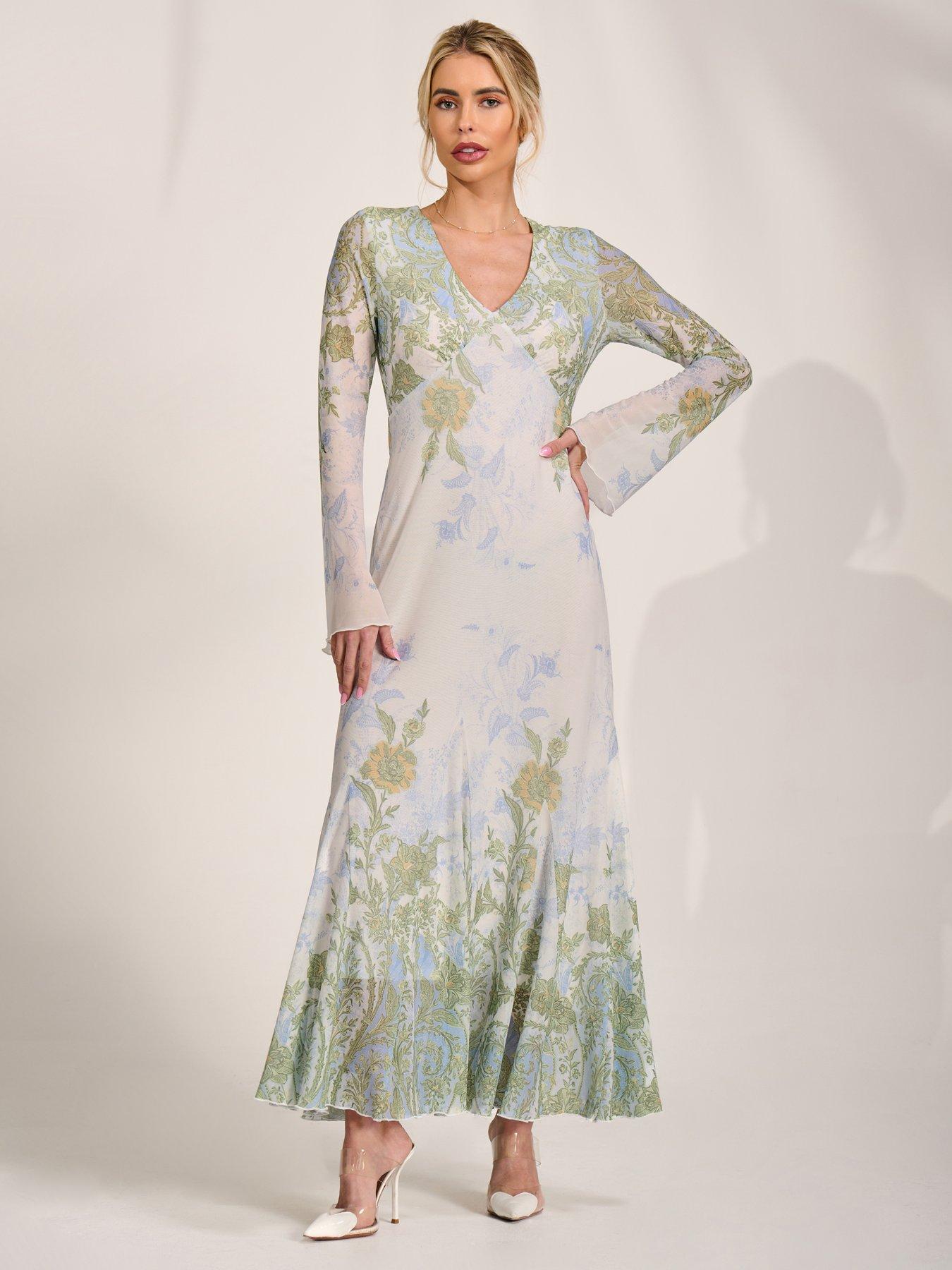 Jolie Moi Long Sleeve Godet Maxi Dress - Green