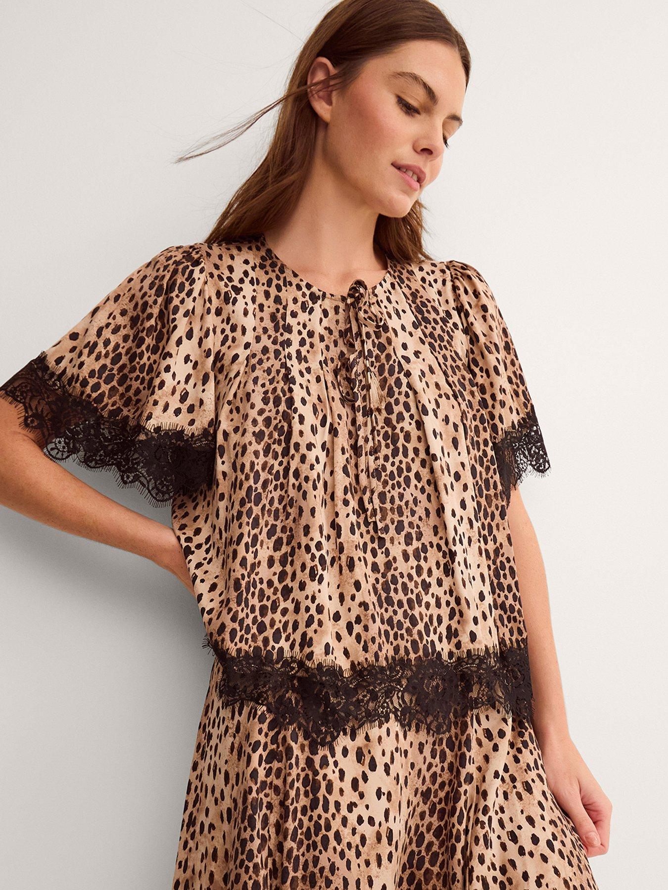 Image 1 of 5 of Monsoon Babette Leopard Print Lace Top - Brown