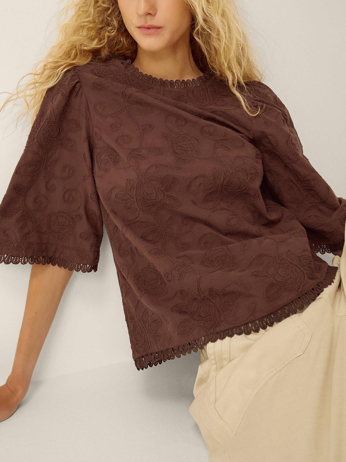 Image 1 of 4 of Monsoon Sabine Floral Embroidered Top - Brown