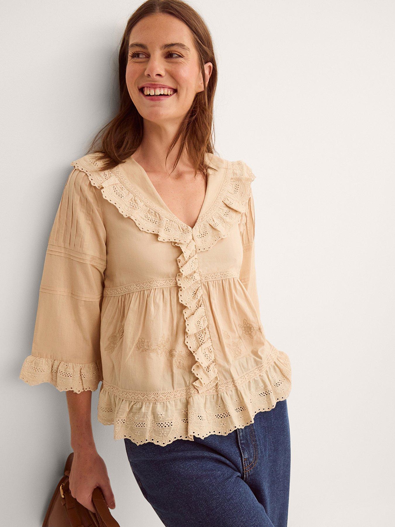 Monsoon Petra Embroidered Ruffle Blouse - Brown