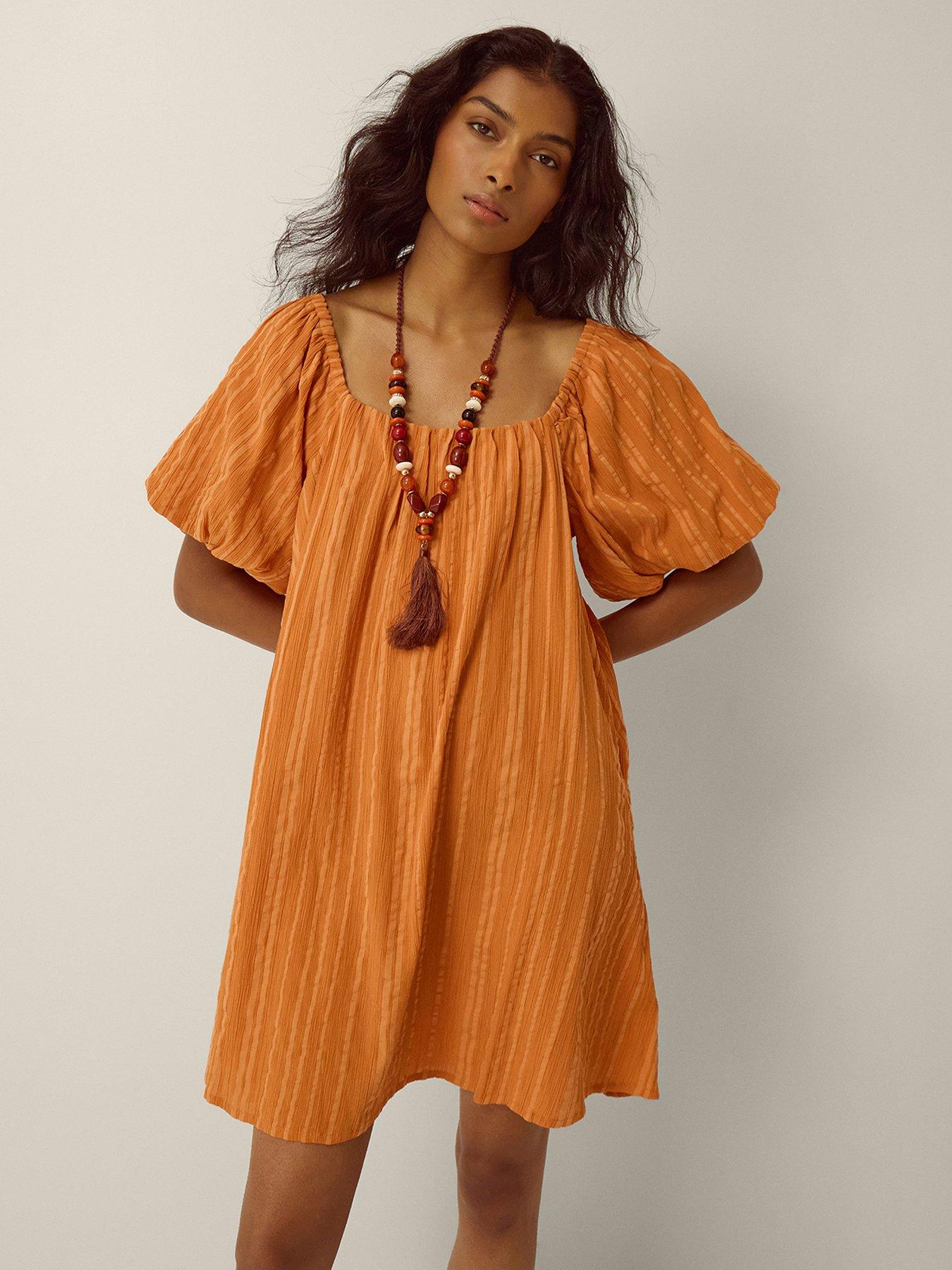 Monsoon Yara Puff Sleeve Stripe Mini Dress - Tan