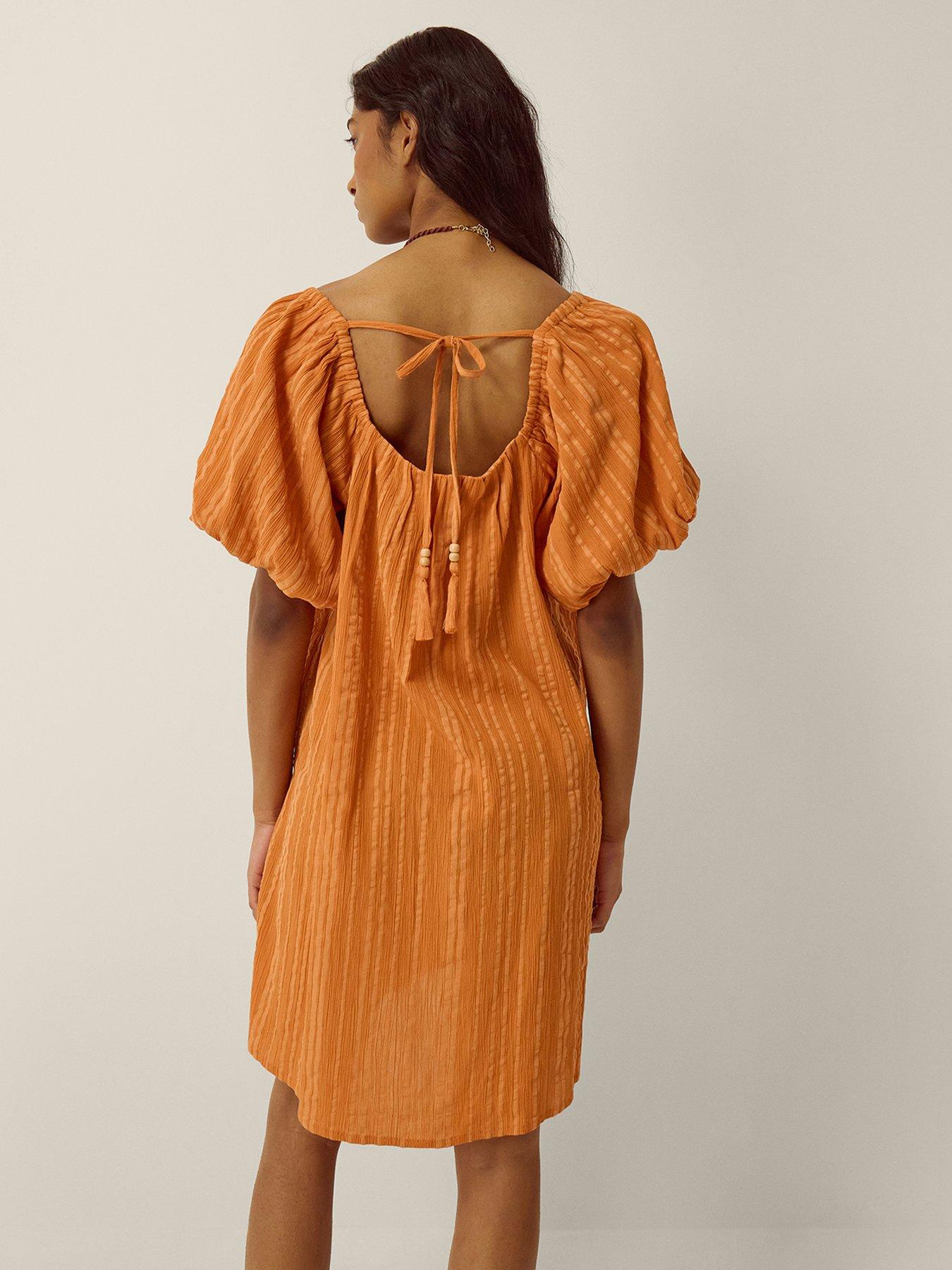 Image 2 of 4 of Monsoon Yara Puff Sleeve Stripe Mini Dress - Tan