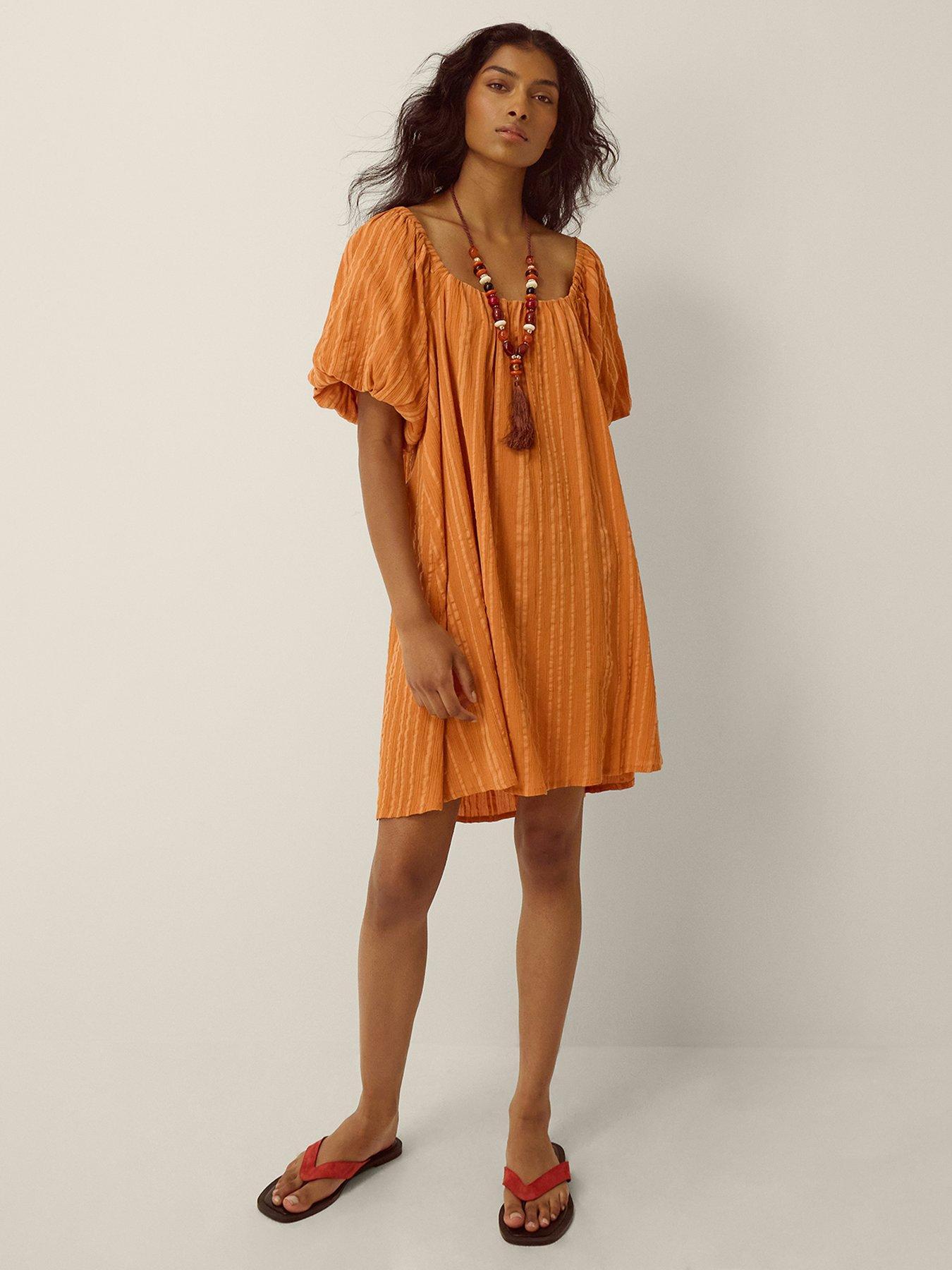 Image 3 of 4 of Monsoon Yara Puff Sleeve Stripe Mini Dress - Tan