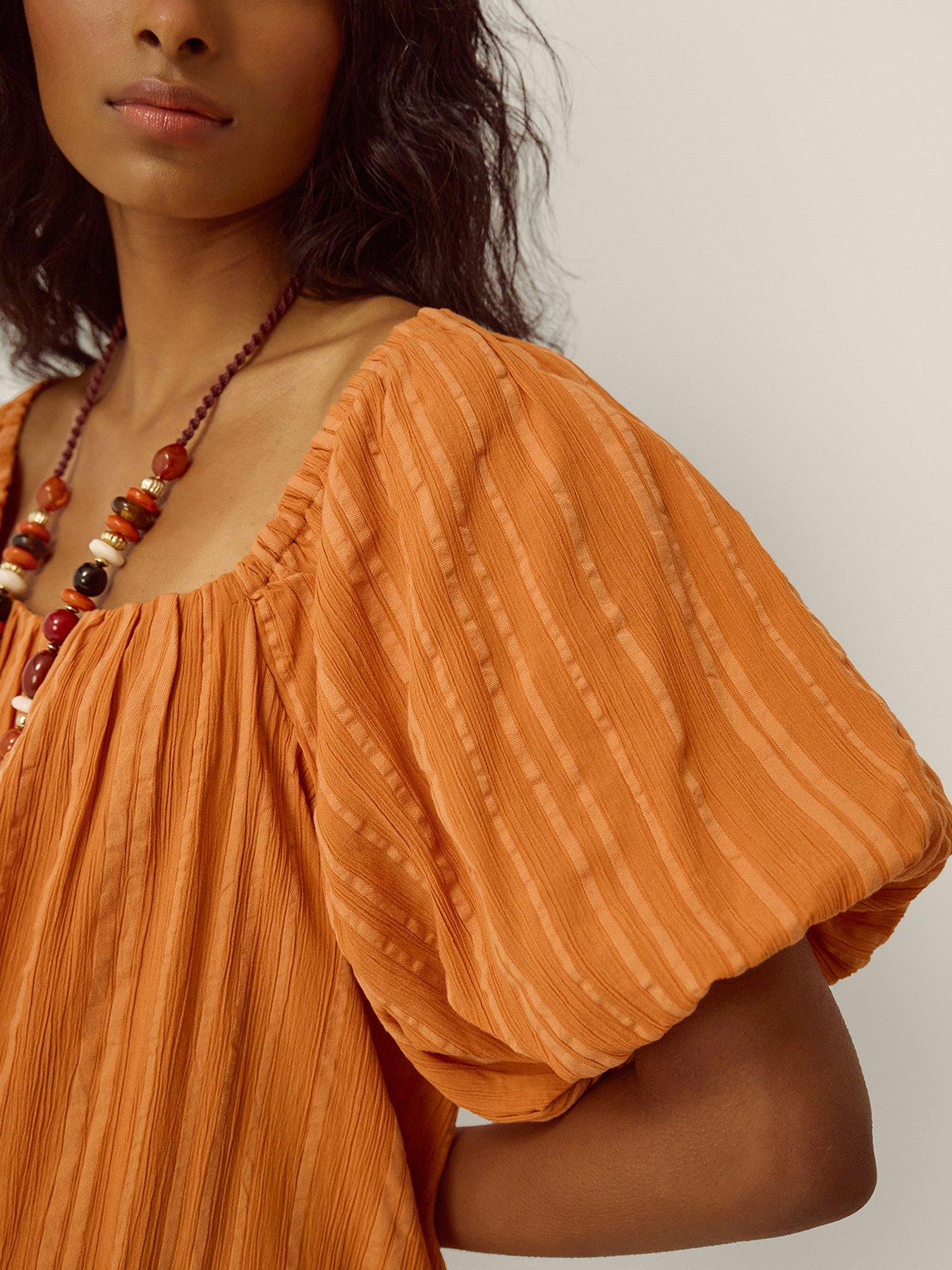 Image 4 of 4 of Monsoon Yara Puff Sleeve Stripe Mini Dress - Tan