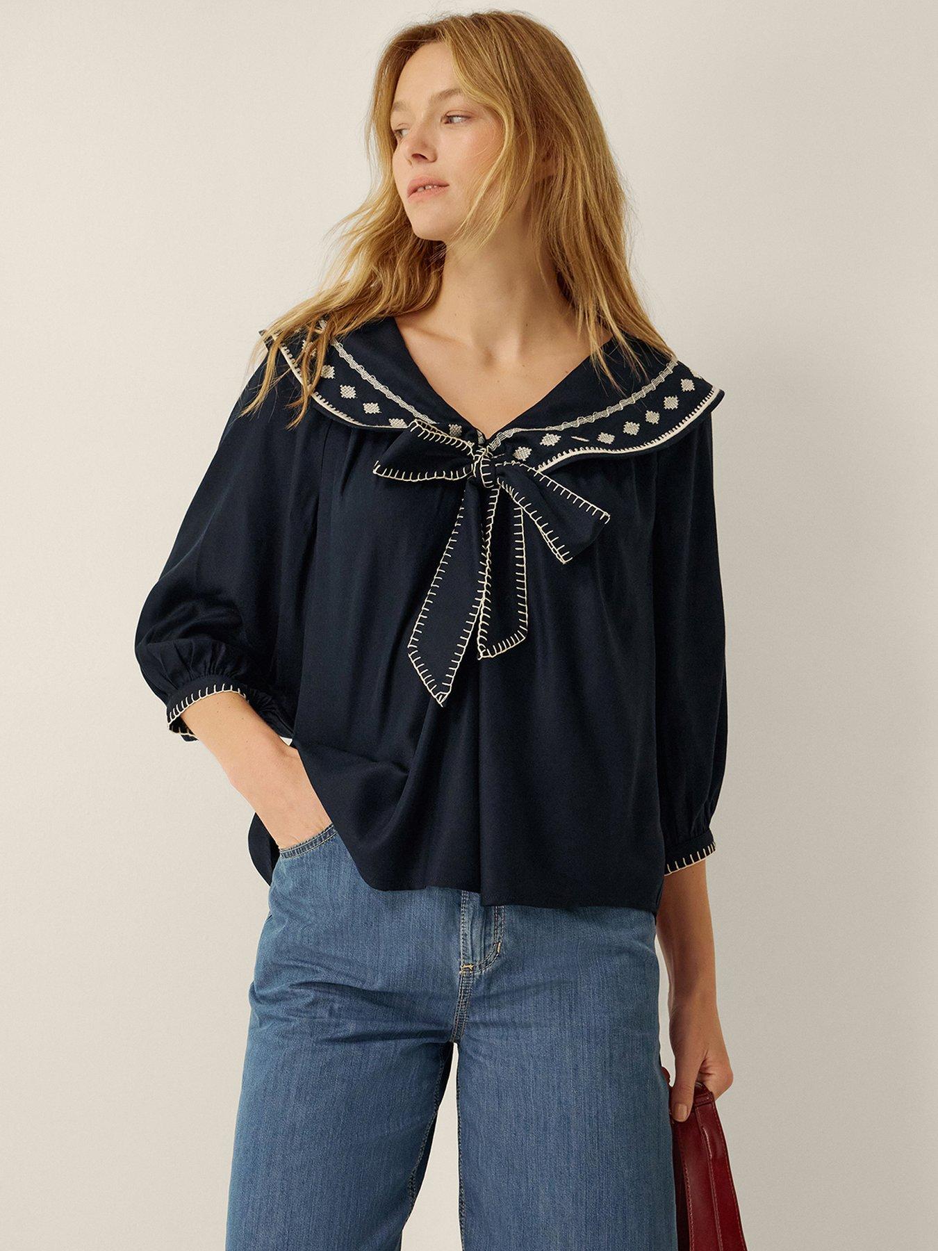 Monsoon Lila Embroidered Sailor Collar Top - Blue