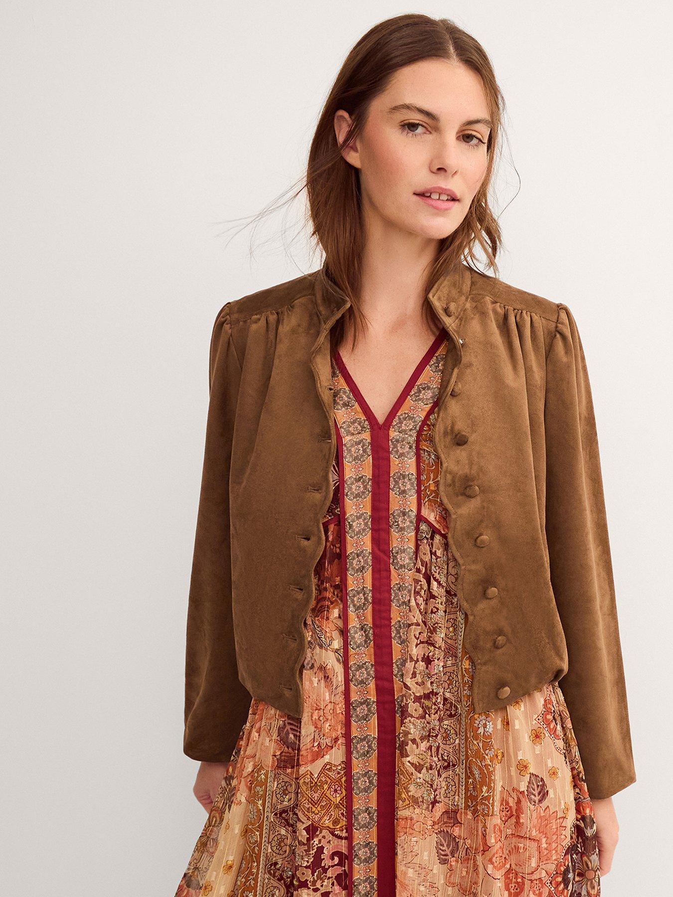 Image 1 of 6 of Monsoon Lucia Faux Suede Jacket - Brown