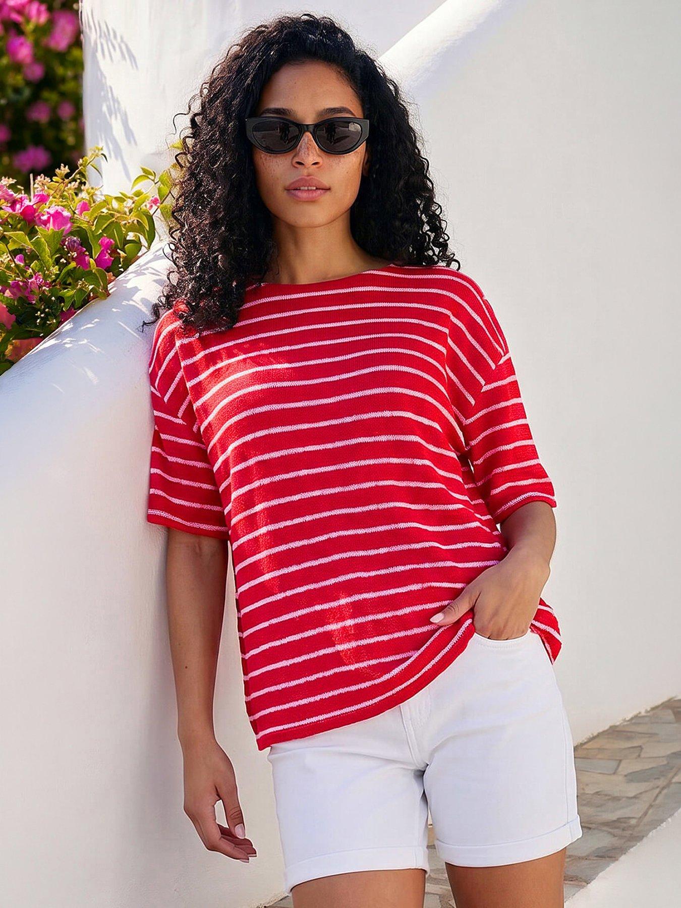 Roman Stripe Print Snit Jersey Top