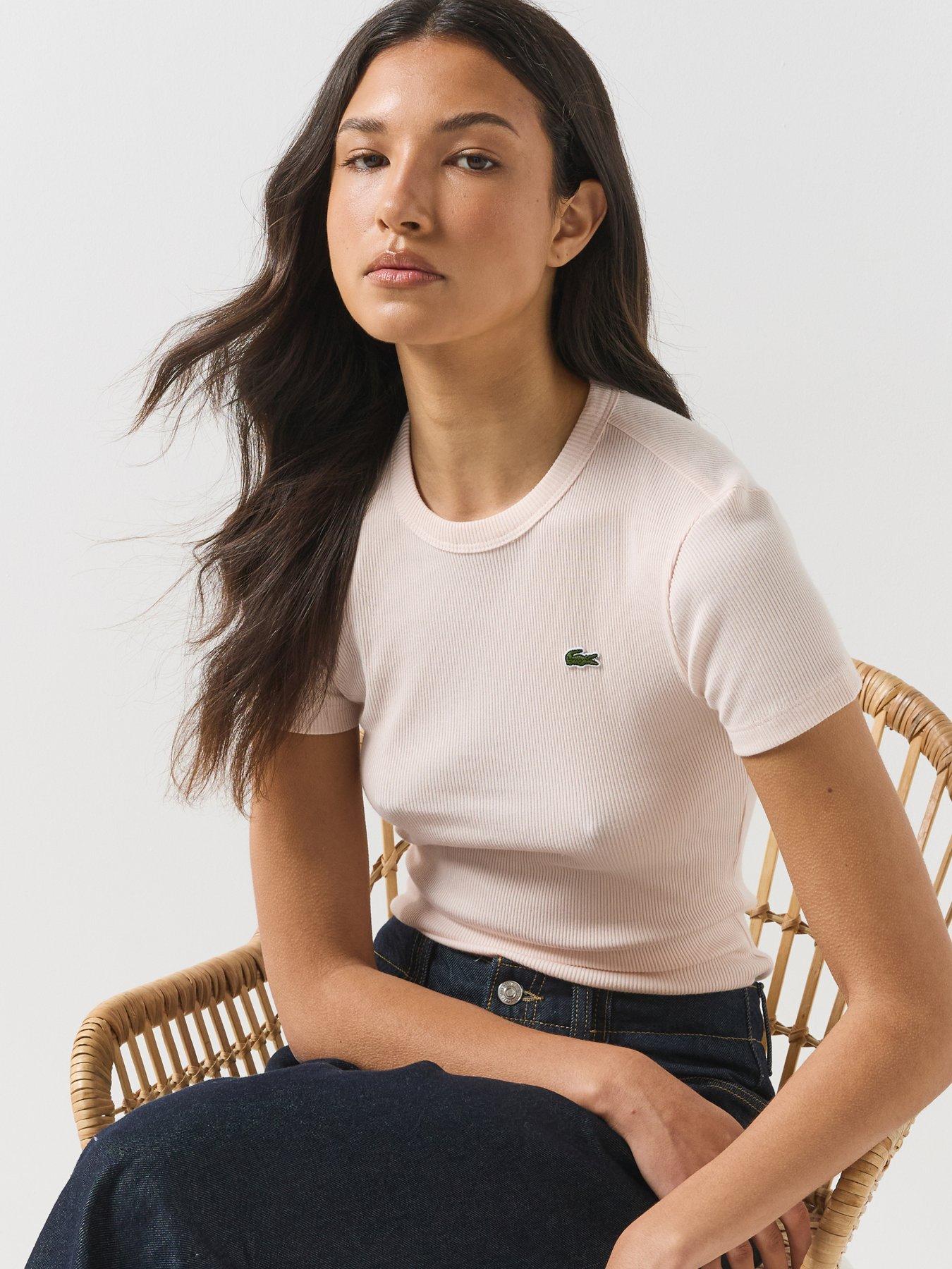 Image 1 of 6 of Lacoste Womens Slim Fit Ribbed Crew Neck T-Shirt - Pink