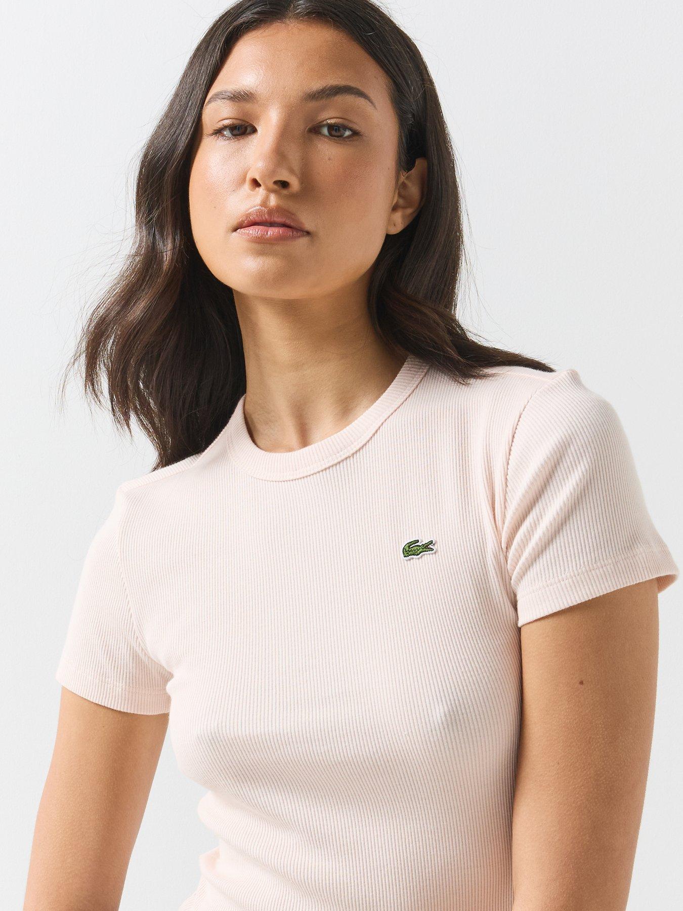 Image 5 of 6 of Lacoste Womens Slim Fit Ribbed Crew Neck T-Shirt - Pink