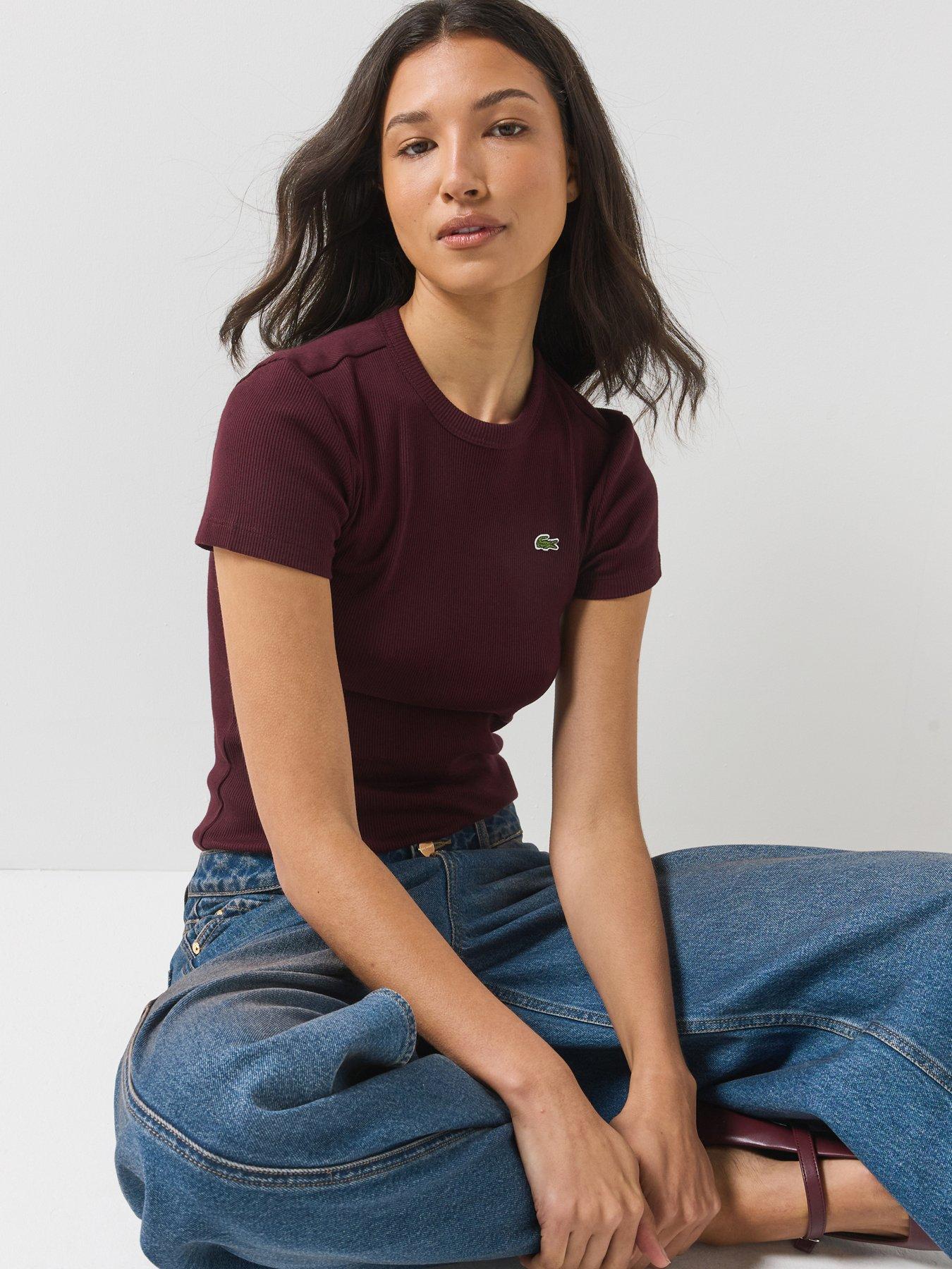 Image 1 of 6 of Lacoste Womens Slim Fit Ribbed Crew Neck T-Shirt - Burgundy