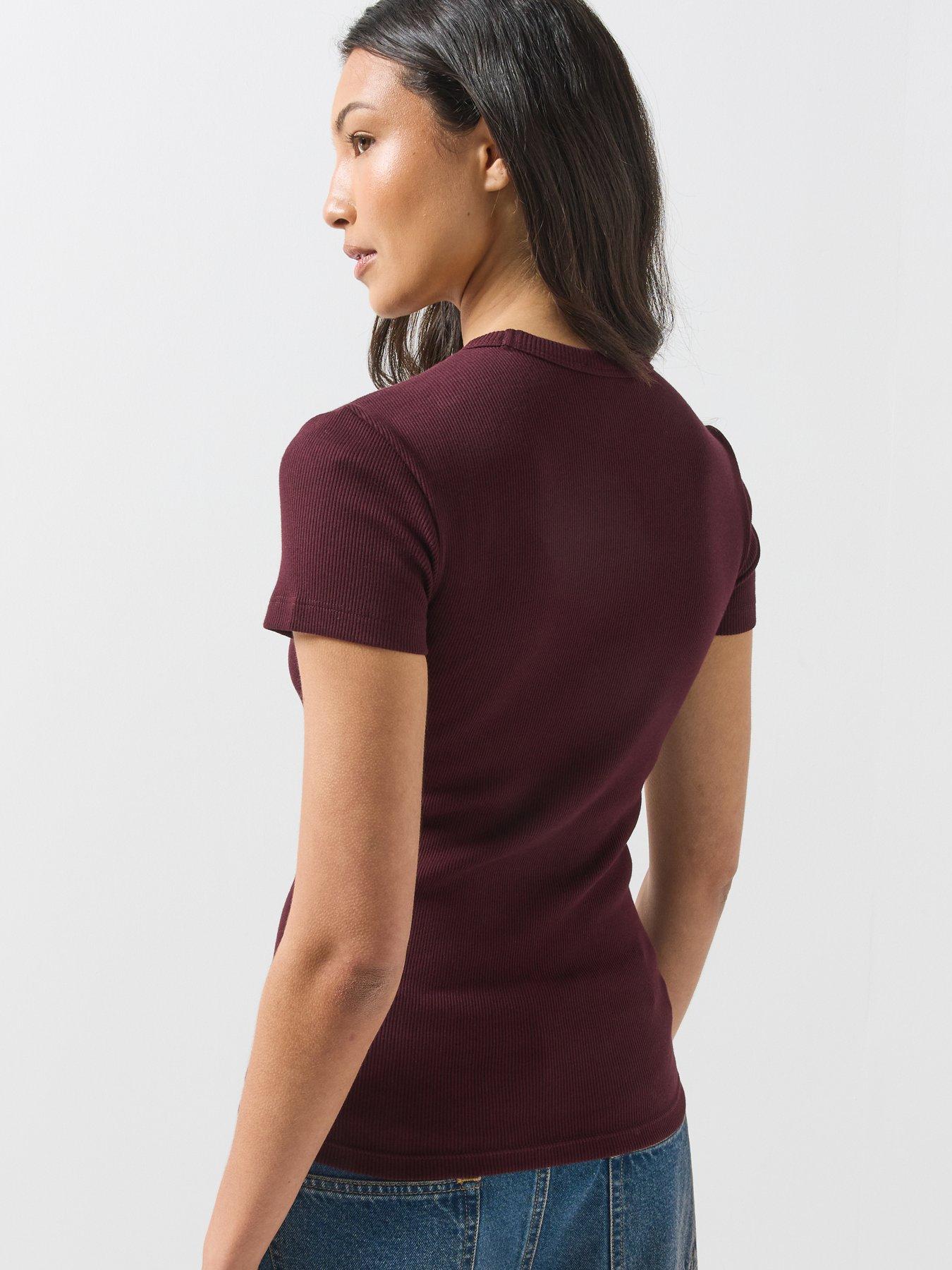 Image 2 of 6 of Lacoste Womens Slim Fit Ribbed Crew Neck T-Shirt - Burgundy