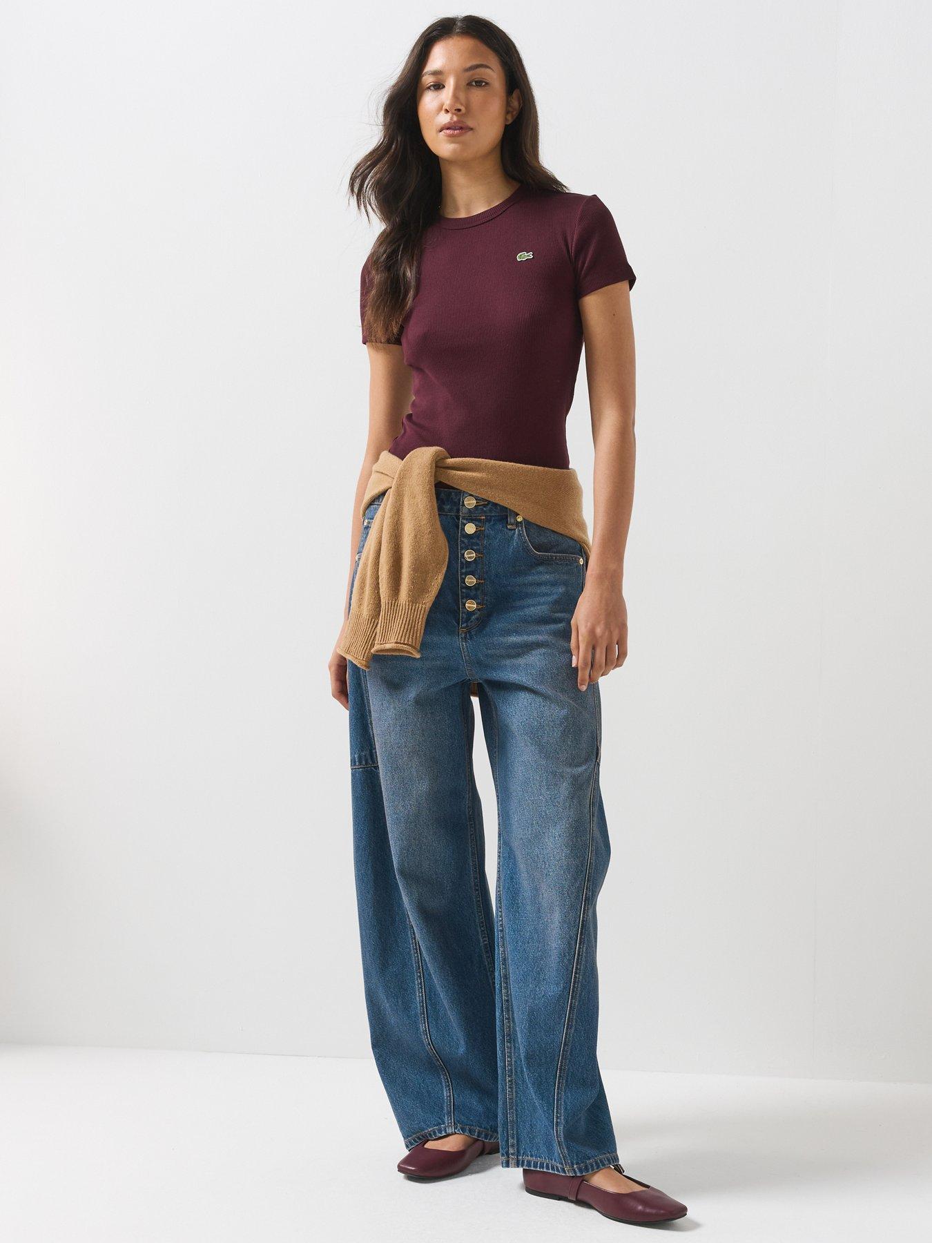 Image 3 of 6 of Lacoste Womens Slim Fit Ribbed Crew Neck T-Shirt - Burgundy