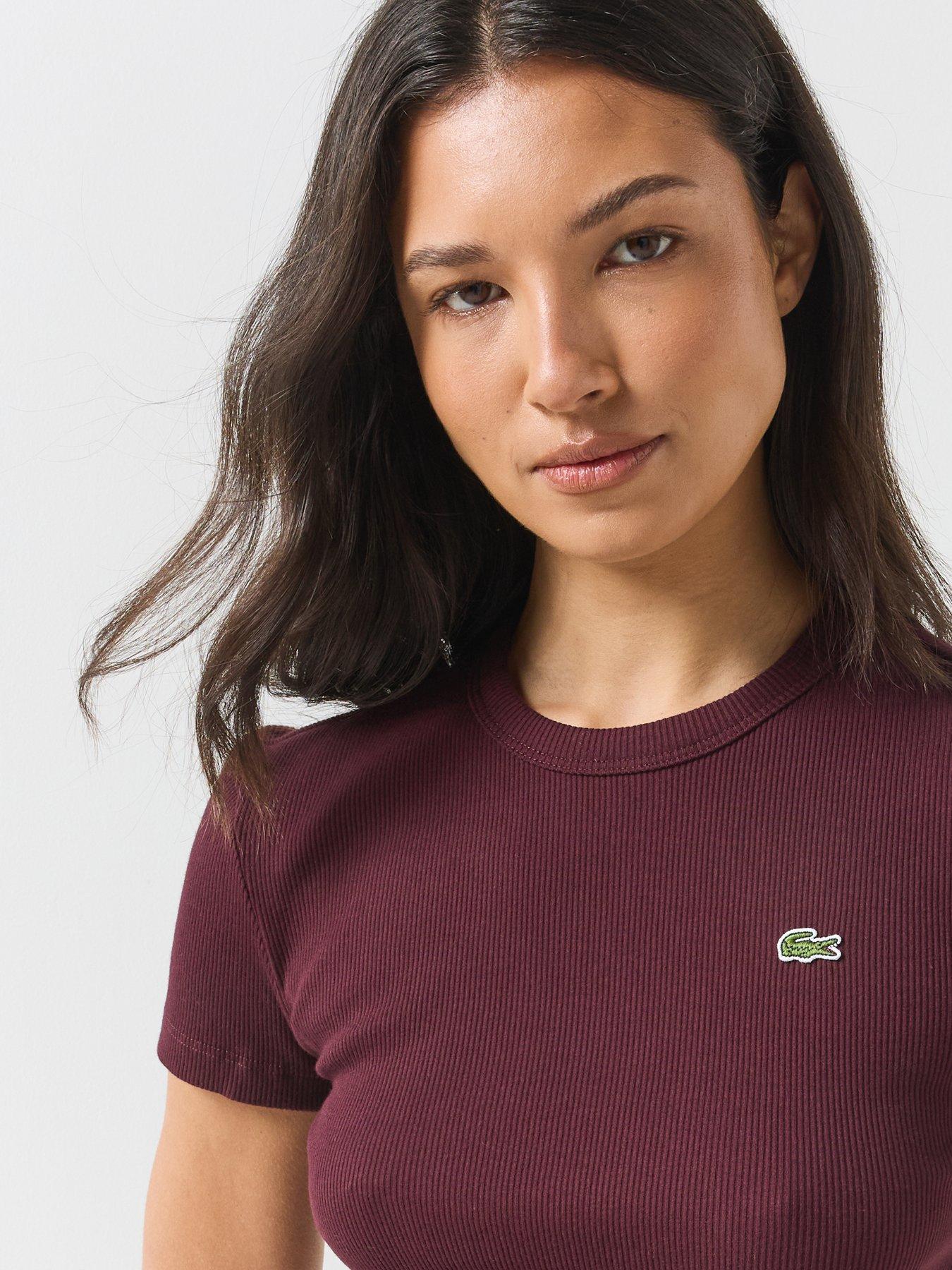 Image 4 of 6 of Lacoste Womens Slim Fit Ribbed Crew Neck T-Shirt - Burgundy