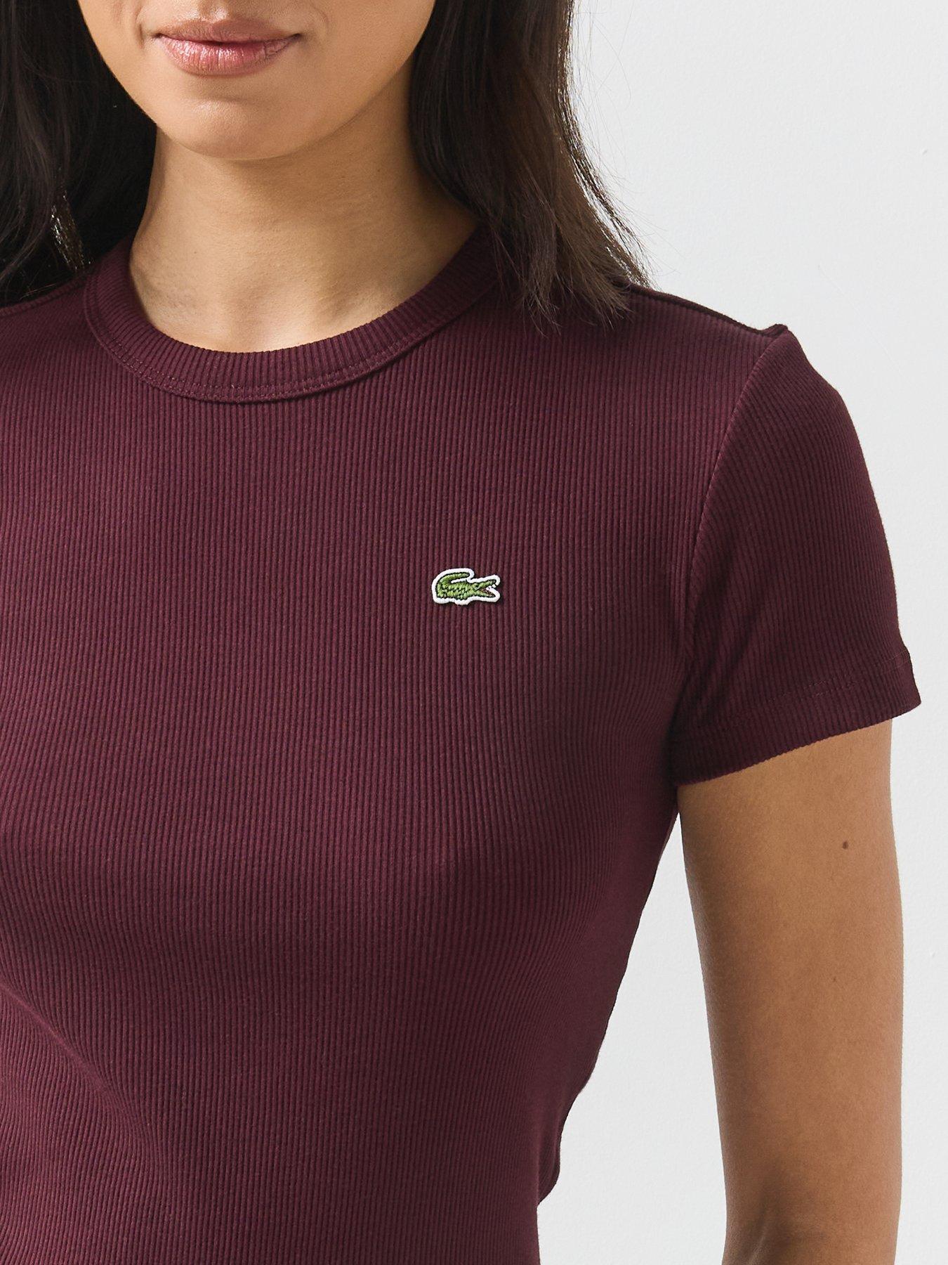 Image 5 of 6 of Lacoste Womens Slim Fit Ribbed Crew Neck T-Shirt - Burgundy