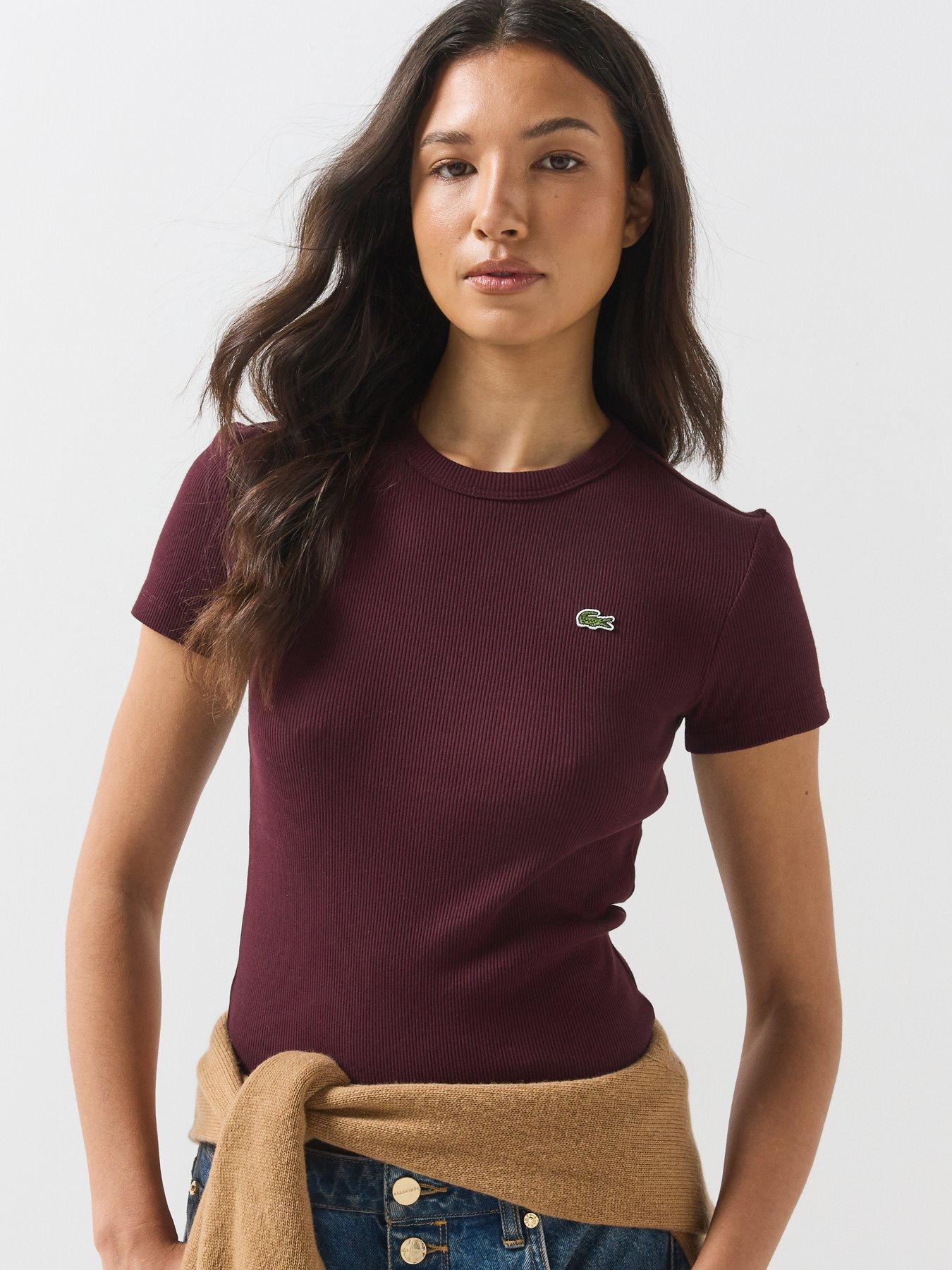 Image 6 of 6 of Lacoste Womens Slim Fit Ribbed Crew Neck T-Shirt - Burgundy