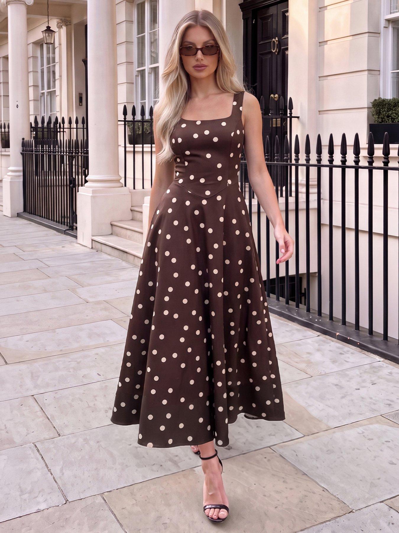 Image 1 of 4 of AX Paris Womens Polka Dot Midi Dress - Brown