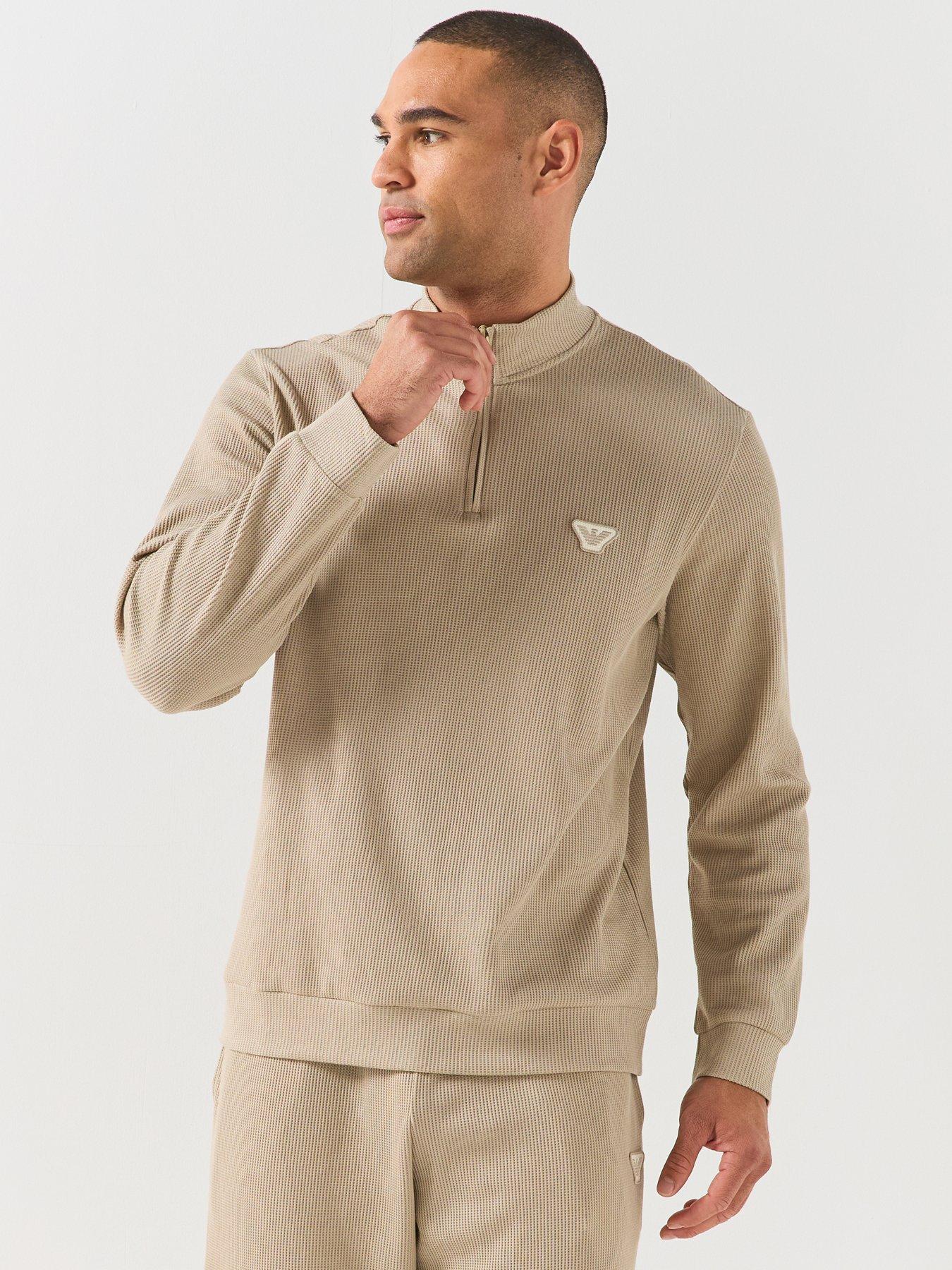 Image 1 of 6 of Emporio Armani Bodywear Emporio Armani Bodywear Mens Waffle Terry Half Zip Lounge Sweatshirt - Beige