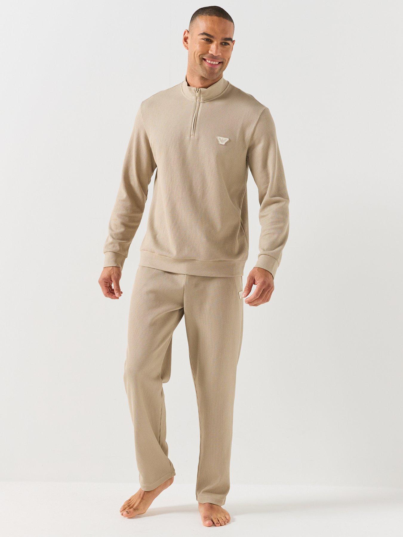 Image 3 of 6 of Emporio Armani Bodywear Emporio Armani Bodywear Mens Waffle Terry Half Zip Lounge Sweatshirt - Beige