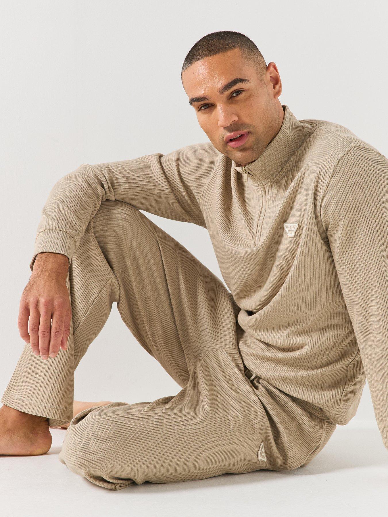 Image 4 of 6 of Emporio Armani Bodywear Emporio Armani Bodywear Mens Waffle Terry Half Zip Lounge Sweatshirt - Beige