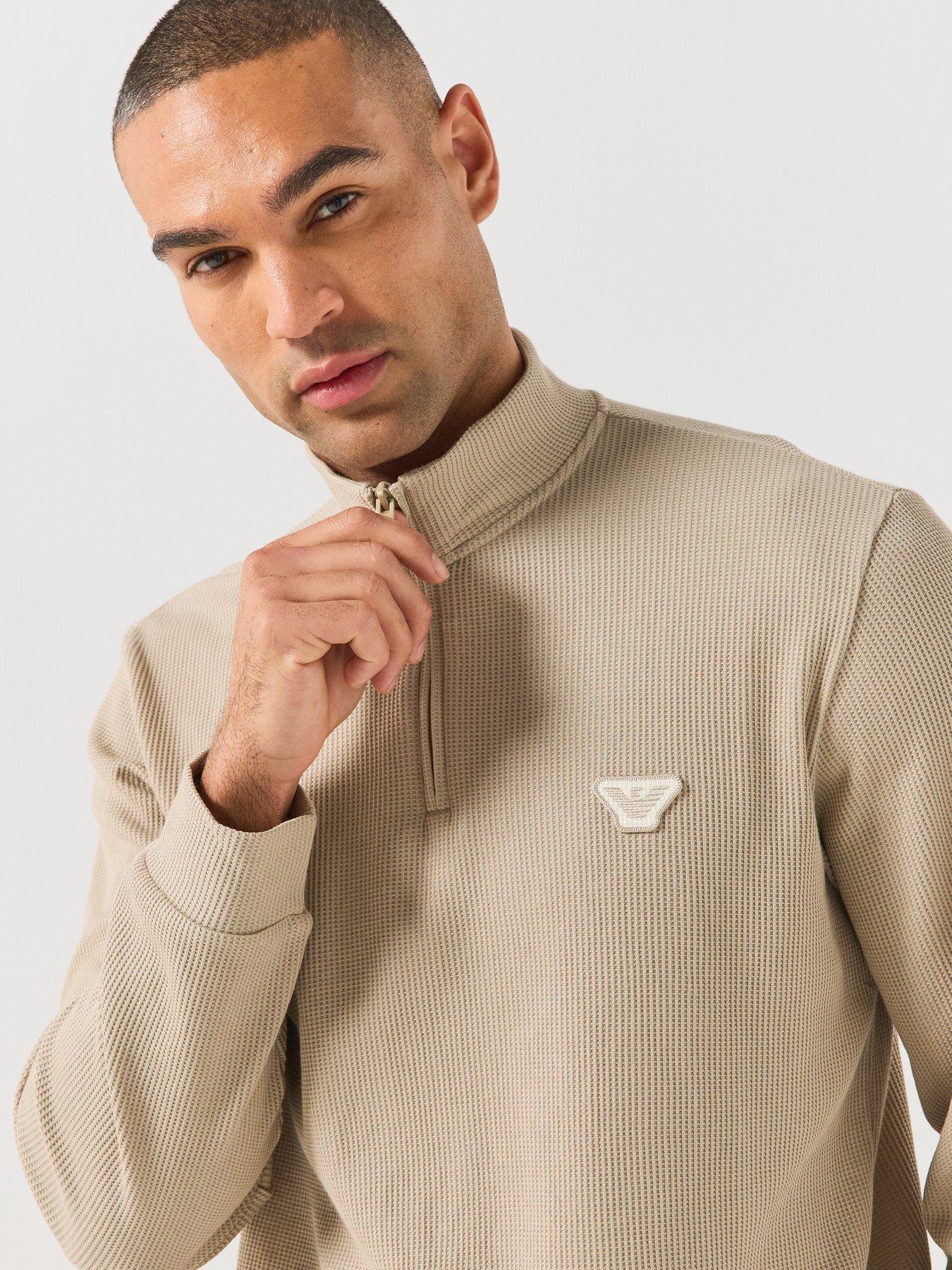 Image 5 of 6 of Emporio Armani Bodywear Emporio Armani Bodywear Mens Waffle Terry Half Zip Lounge Sweatshirt - Beige