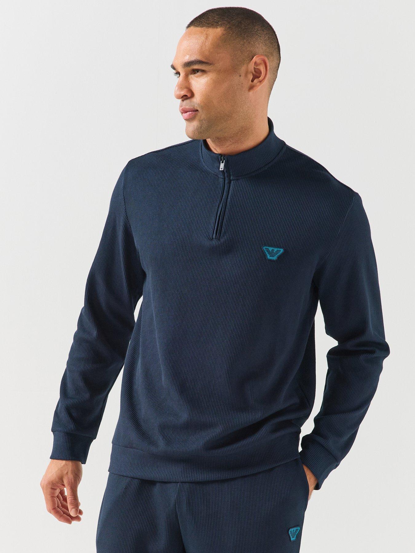 Image 1 of 5 of Emporio Armani Bodywear Emporio Armani Bodywear Mens Waffle Terry Half Zip Sweatshirt - Navy