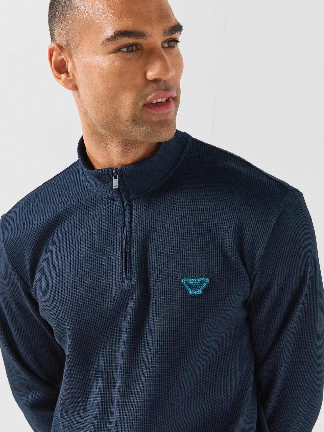Image 4 of 5 of Emporio Armani Bodywear Emporio Armani Bodywear Mens Waffle Terry Half Zip Sweatshirt - Navy