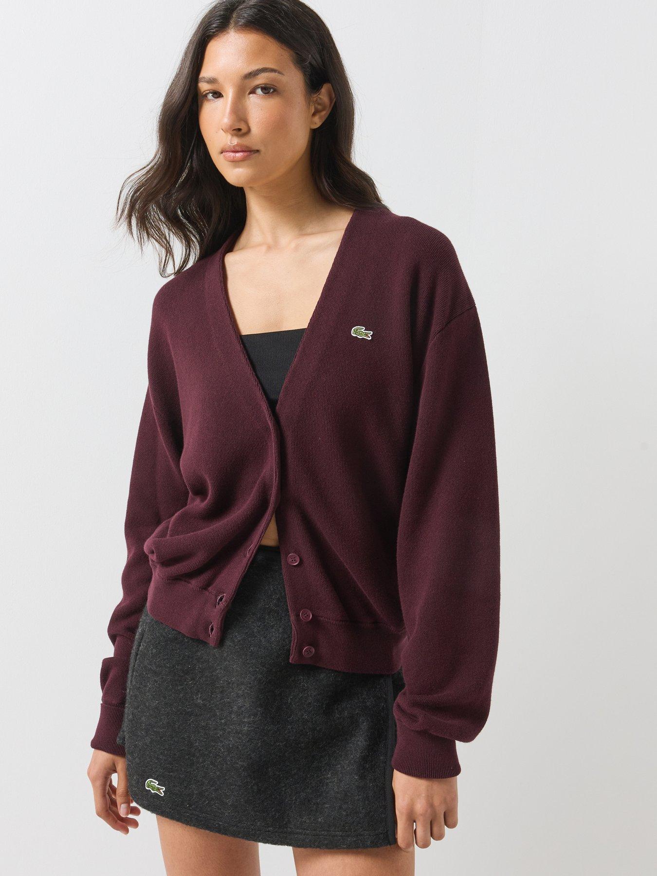 Image 1 of 6 of Lacoste Womens V-Neck Moss Stitch Button Through Cardigan - Burgundy