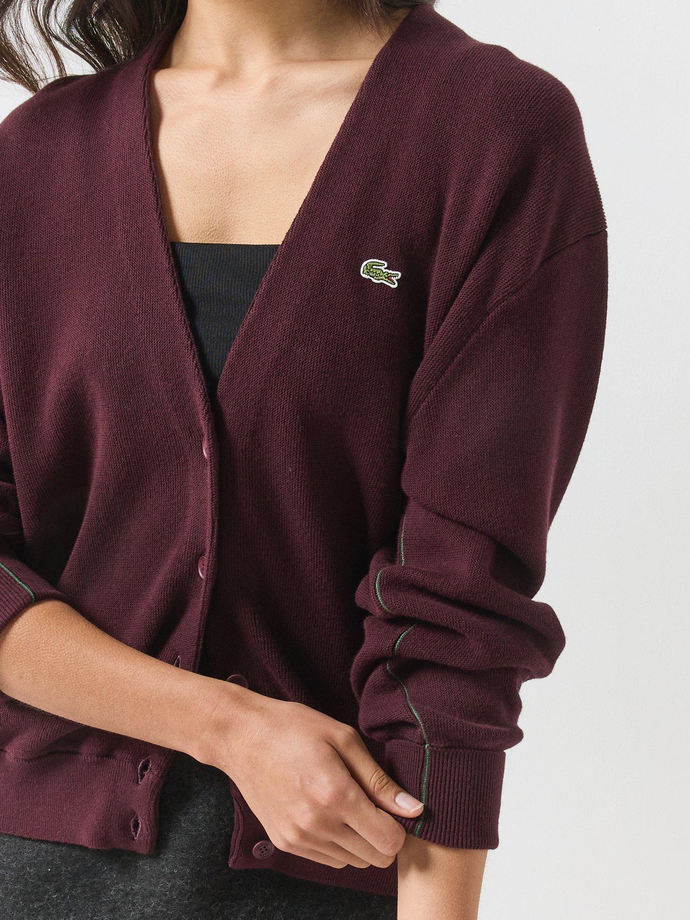 Image 4 of 6 of Lacoste Womens V-Neck Moss Stitch Button Through Cardigan - Burgundy