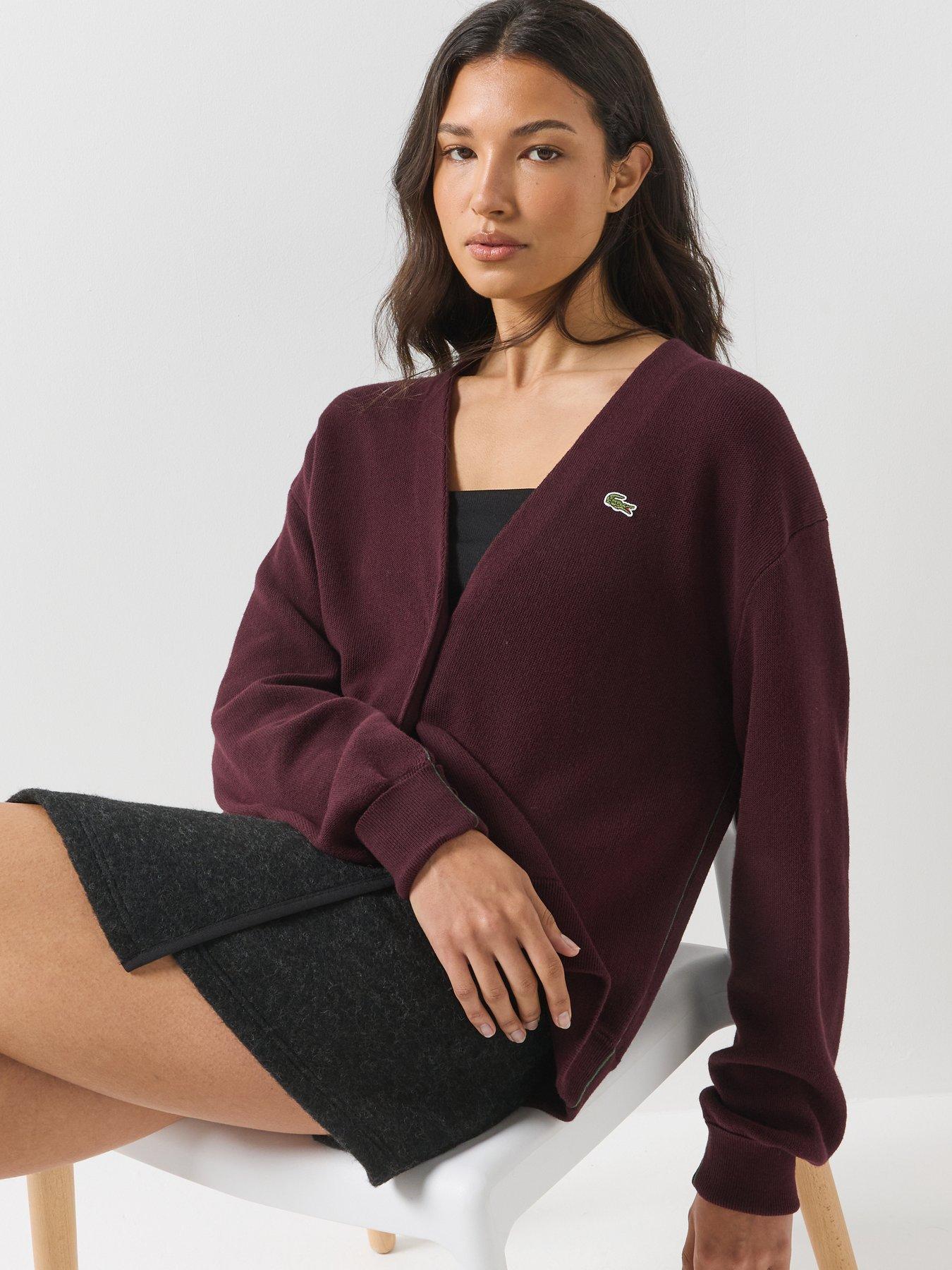Image 5 of 6 of Lacoste Womens V-Neck Moss Stitch Button Through Cardigan - Burgundy