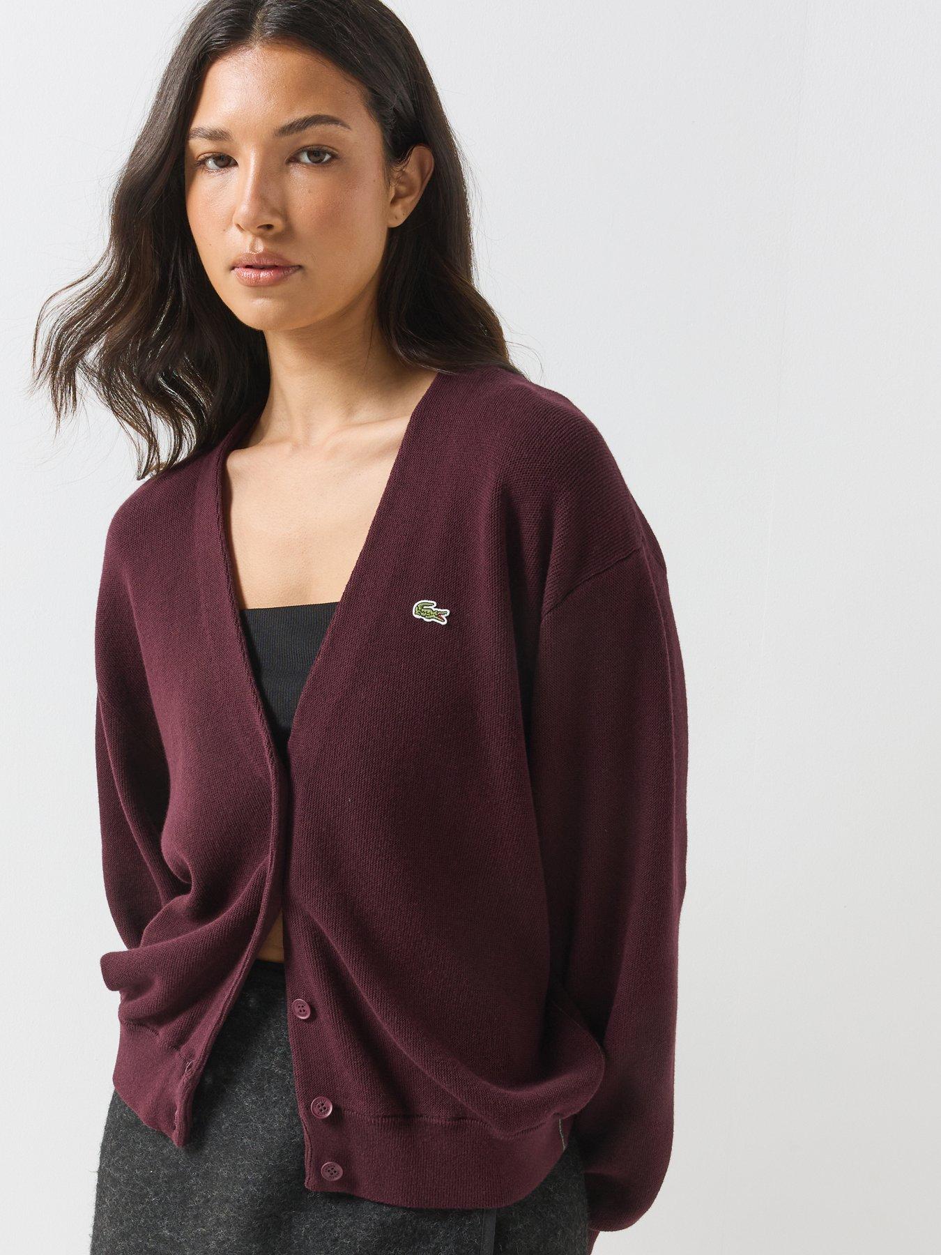 Image 6 of 6 of Lacoste Womens V-Neck Moss Stitch Button Through Cardigan - Burgundy