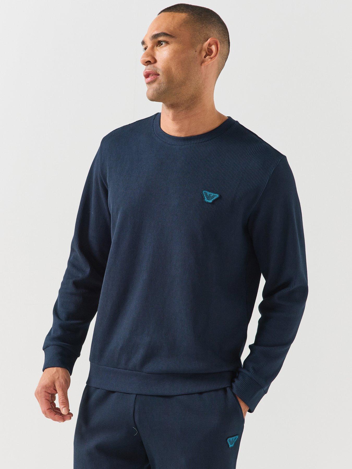 Image 1 of 6 of Emporio Armani Bodywear Mens Waffle Terry Crew Neck Lounge Sweatshirt - Navy