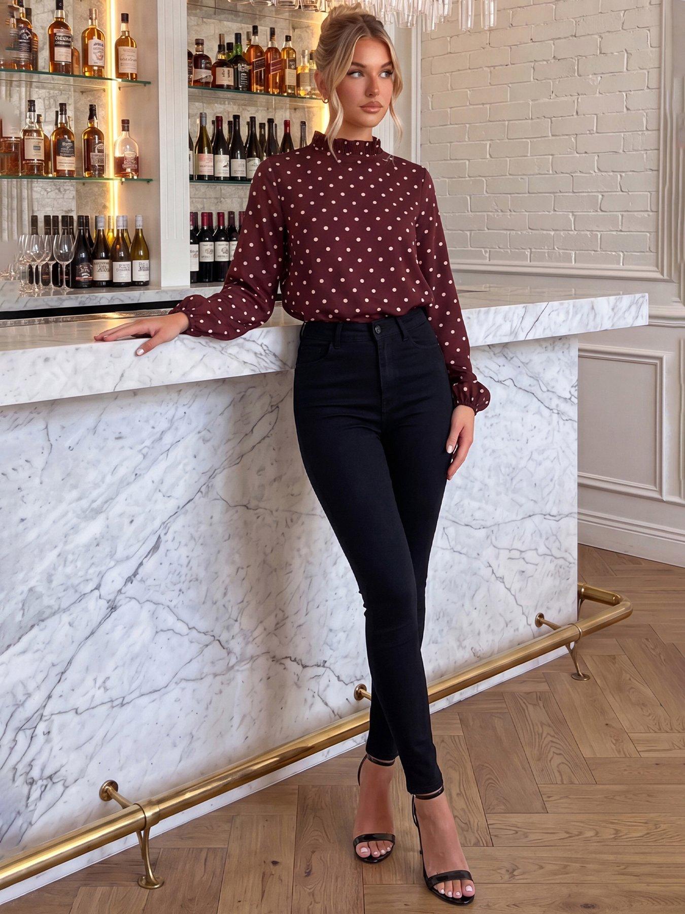 Image 1 of 4 of AX Paris Polka Dot Ruffle Neckline Top - Purple