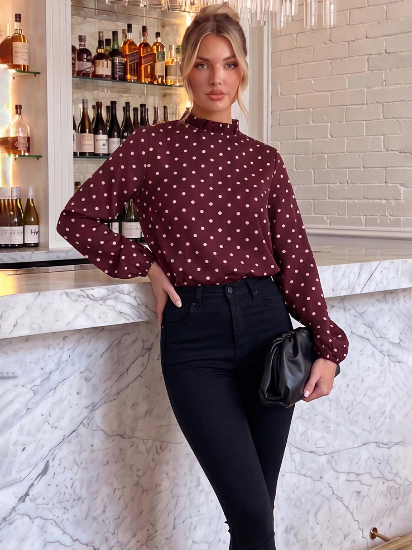 Image 3 of 4 of AX Paris Polka Dot Ruffle Neckline Top - Purple