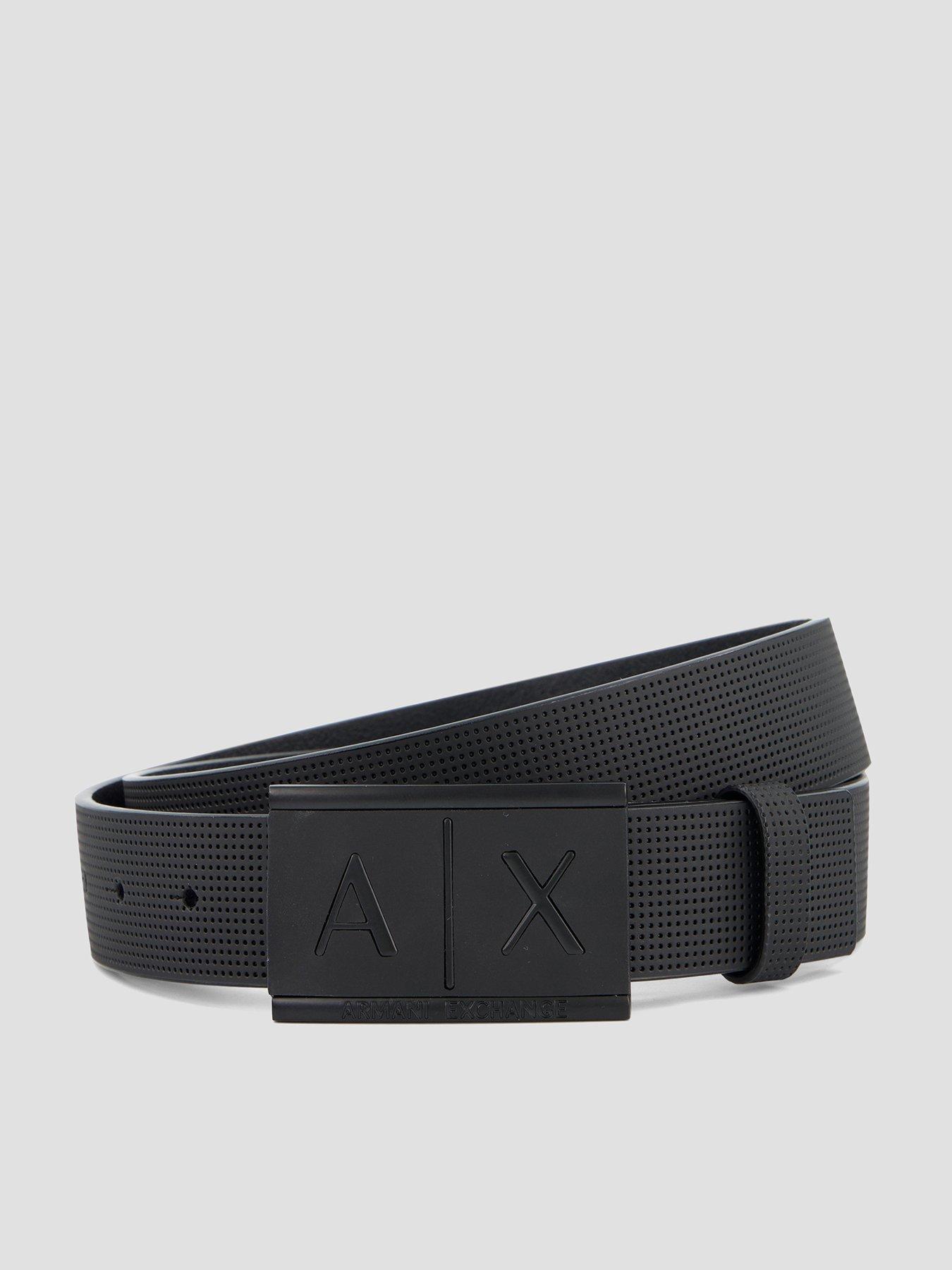 Image 1 of 5 of Armani Exchange Textured Leather Embossed Logo Buckle Belt - Black