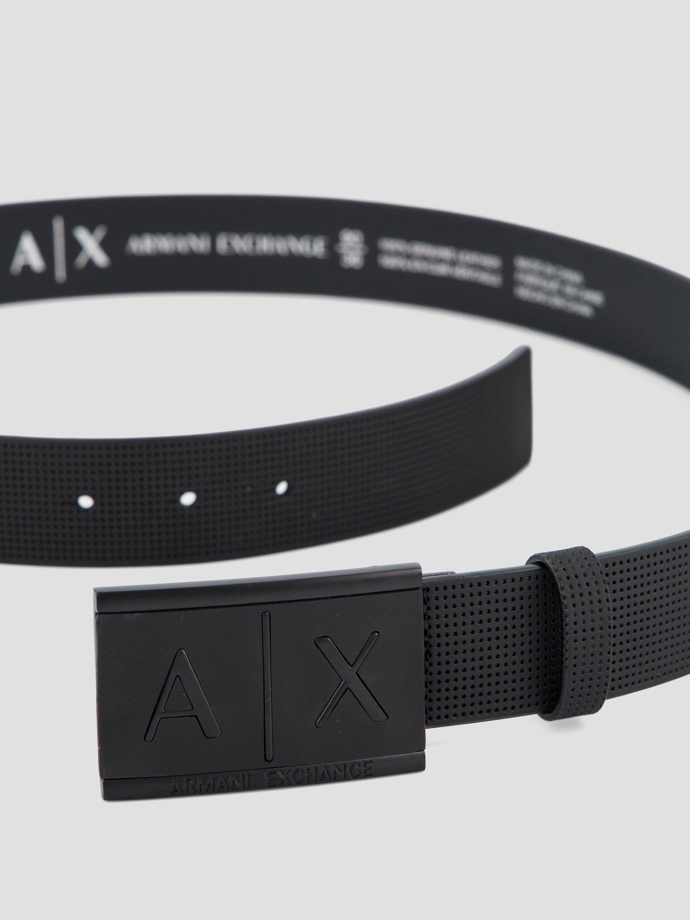 Image 3 of 5 of Armani Exchange Textured Leather Embossed Logo Buckle Belt - Black
